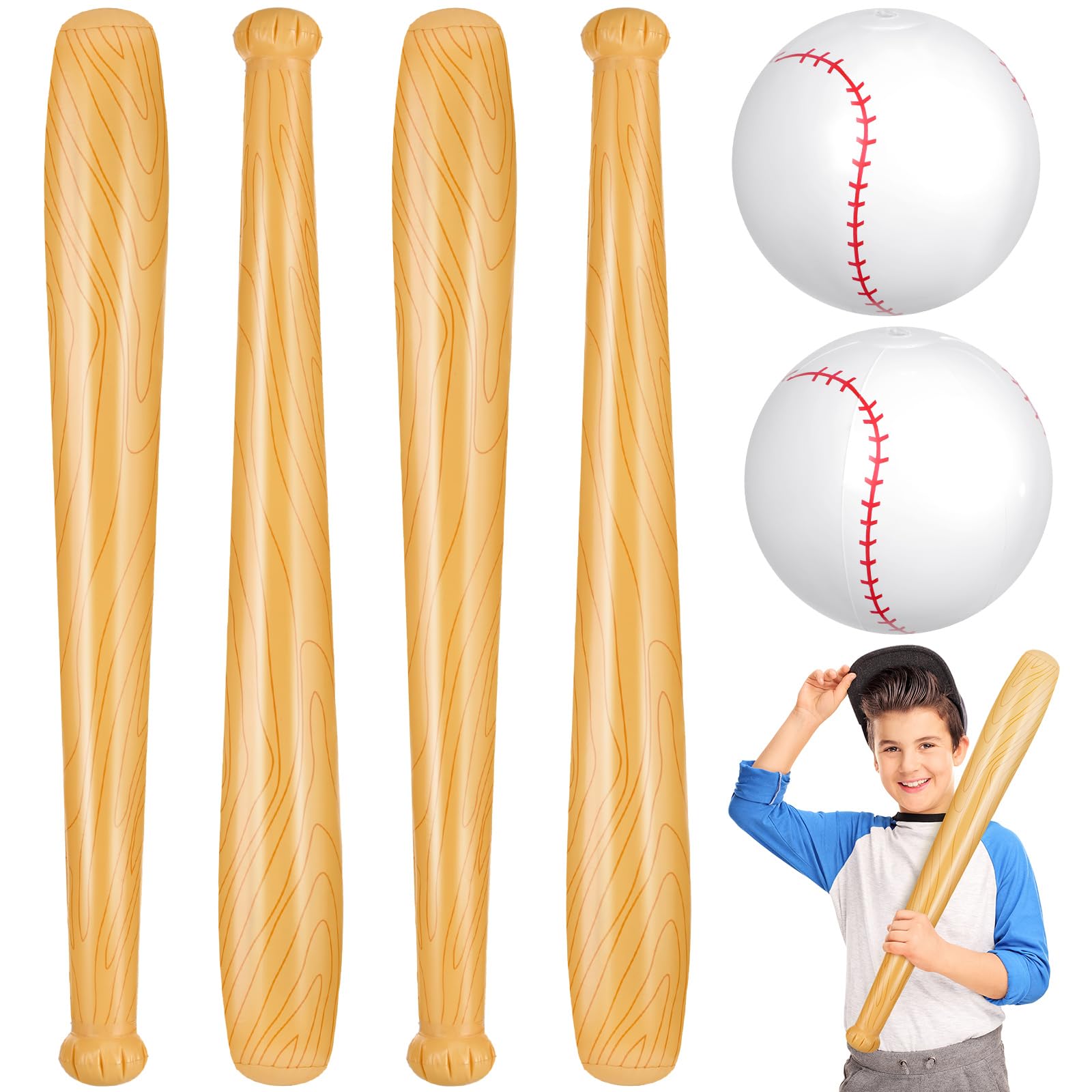 **Lewtemi 6-Piece Inflatable Beach Baseball Set - Includes 2 x 11-Inch Beach Balls & 4 x Inflatable Bats - Fun Pool Toys for Kids, Outdoor Games, Birthday Parties & Summer Activities (Dark Brown)**