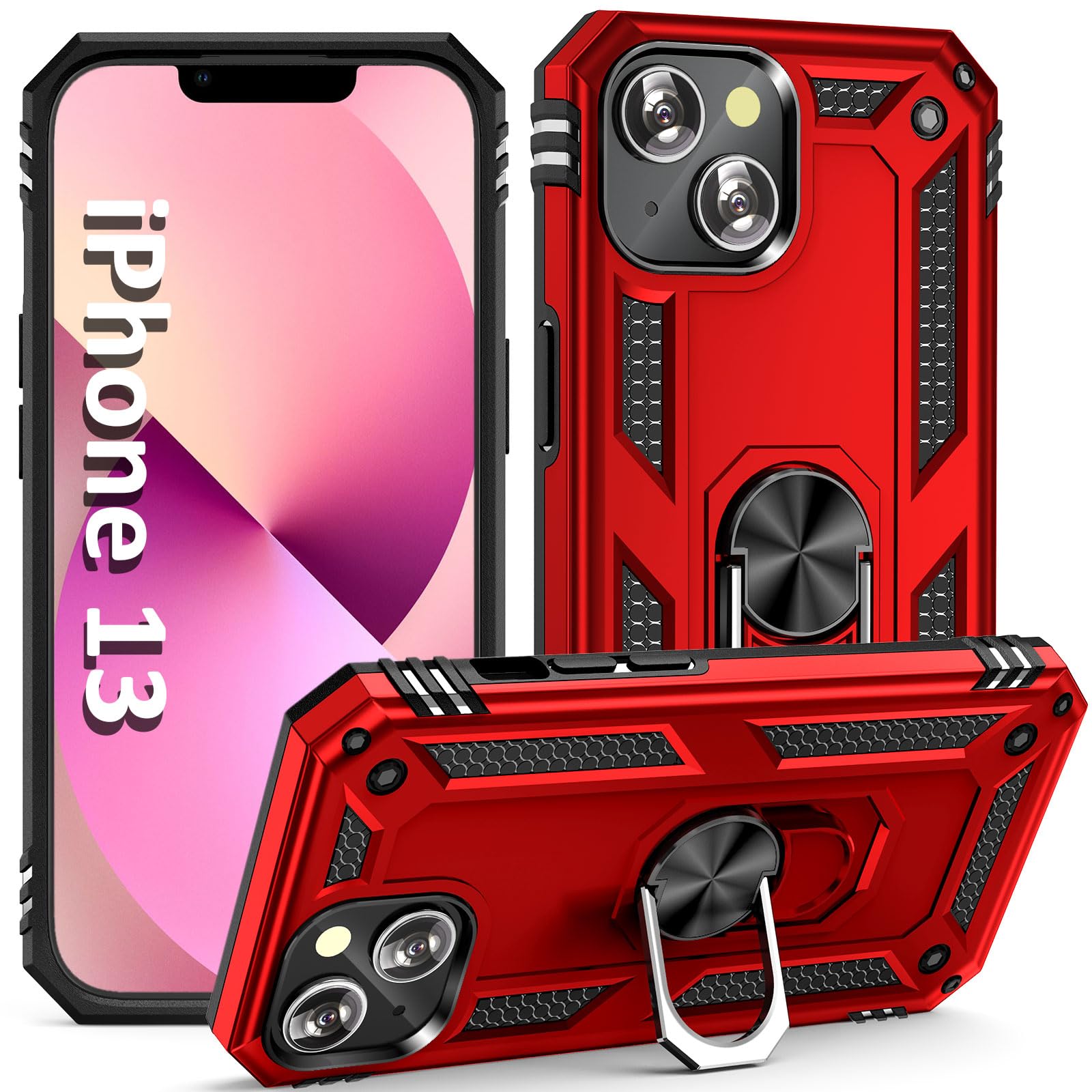 ADDIT Heavy Duty Military Grade iPhone 13 Case with Kickstand & Magnetic Car Mount - Shockproof Protective Phone Cover for iPhone 13 (Red) - Perfect for Outdoor Activities, Travel & Daily Use