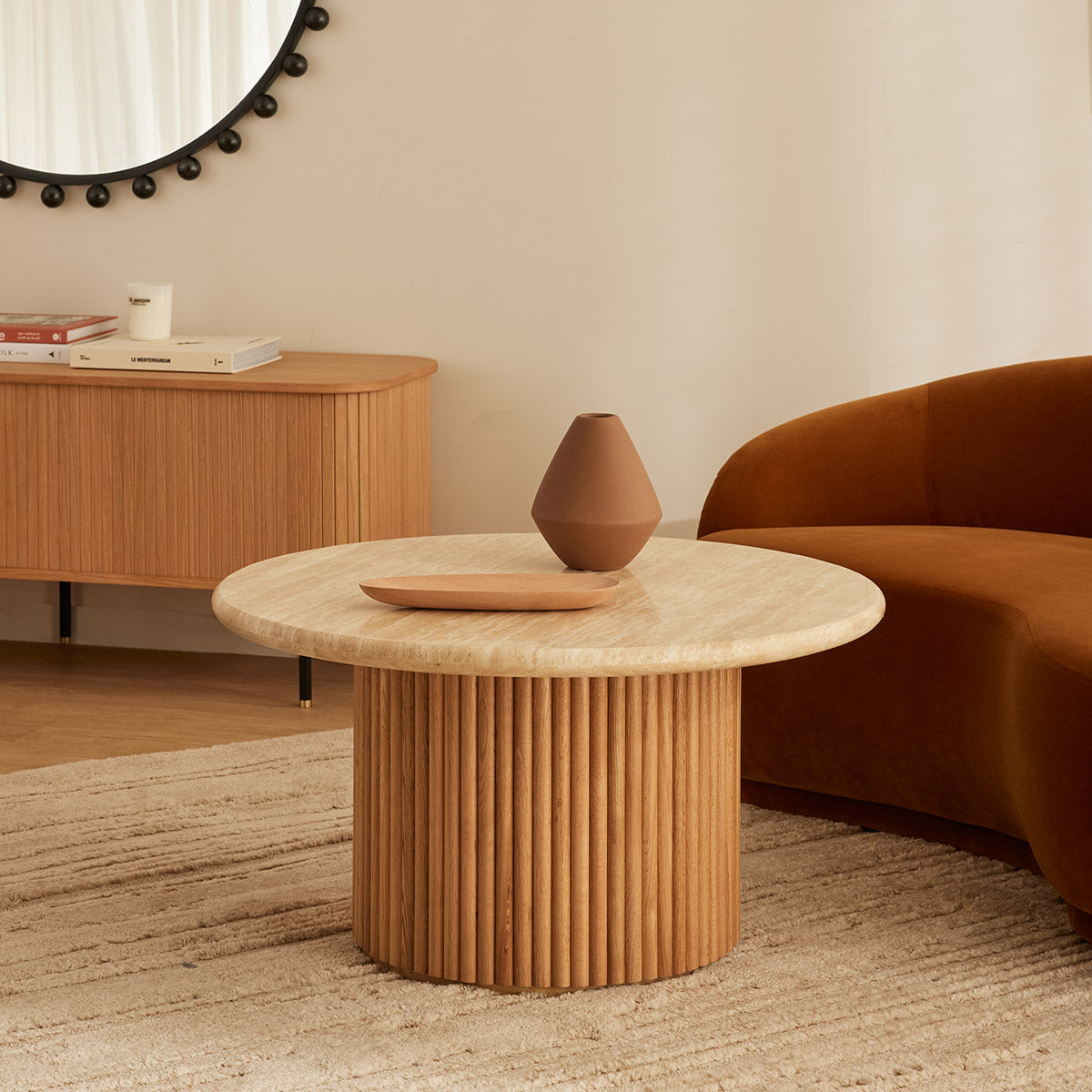 Modern Oak & Travertine Coffee Table - 85cm Round Living Room Center Table for Small Spaces - Perfect for Apartments, Lounge & Coffee Shop Decor