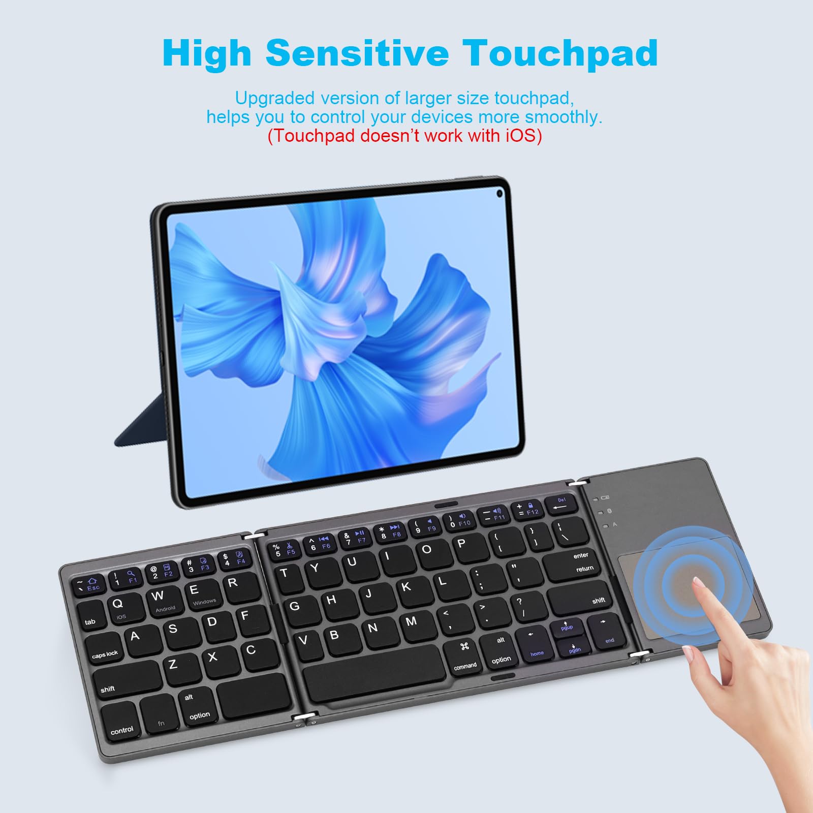Foldable Bluetooth Keyboard with Touchpad - Rechargeable Wireless Mini Keyboard for PC, Tablet, Samsung, Android, iOS, Smartphone (Dark Gray) - Perfect for Travel, Office & Home Use