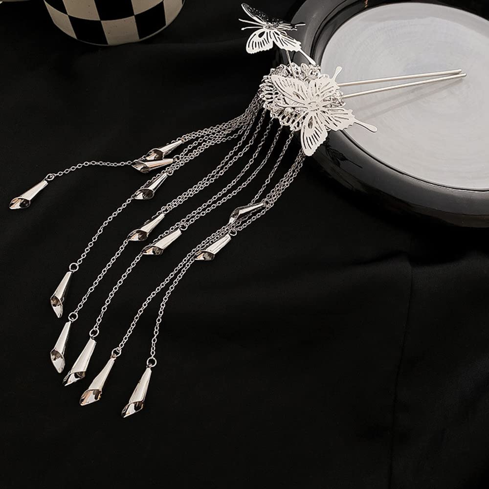 Butterfly Hair Stick with Silver Tassel - Chinese Hairpin for Women & Girls - Wedding & Party Accessory