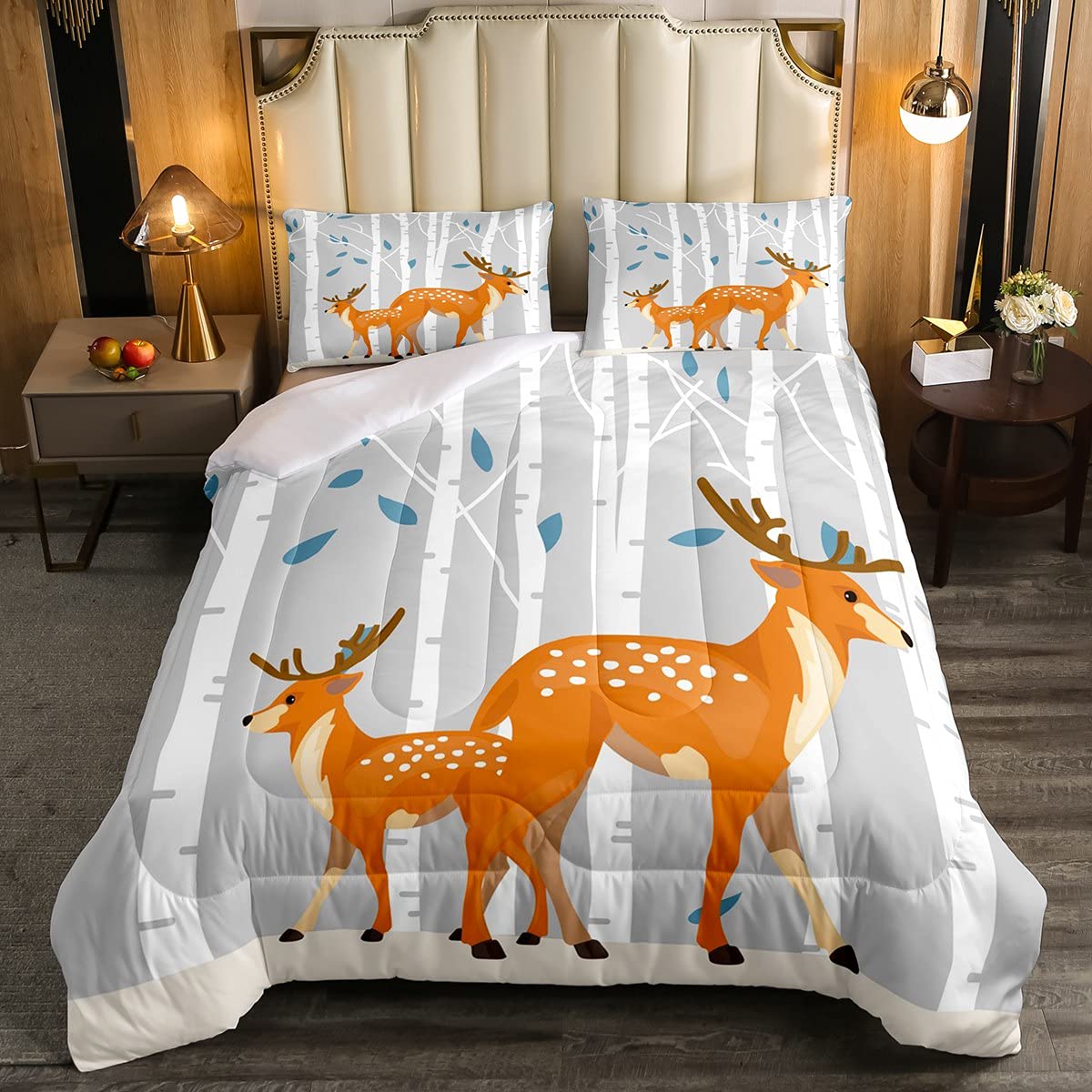 Safari Animals Down Comforter Set - Deer Bedding Queen Size with 1 Comforter & 2 Pillow Cases, Cartoon Elk Antlers Wildlife Theme for Kids Boys Girls - Perfect for Jungle Themed Bedrooms & Wildlife Lovers' Home Decor