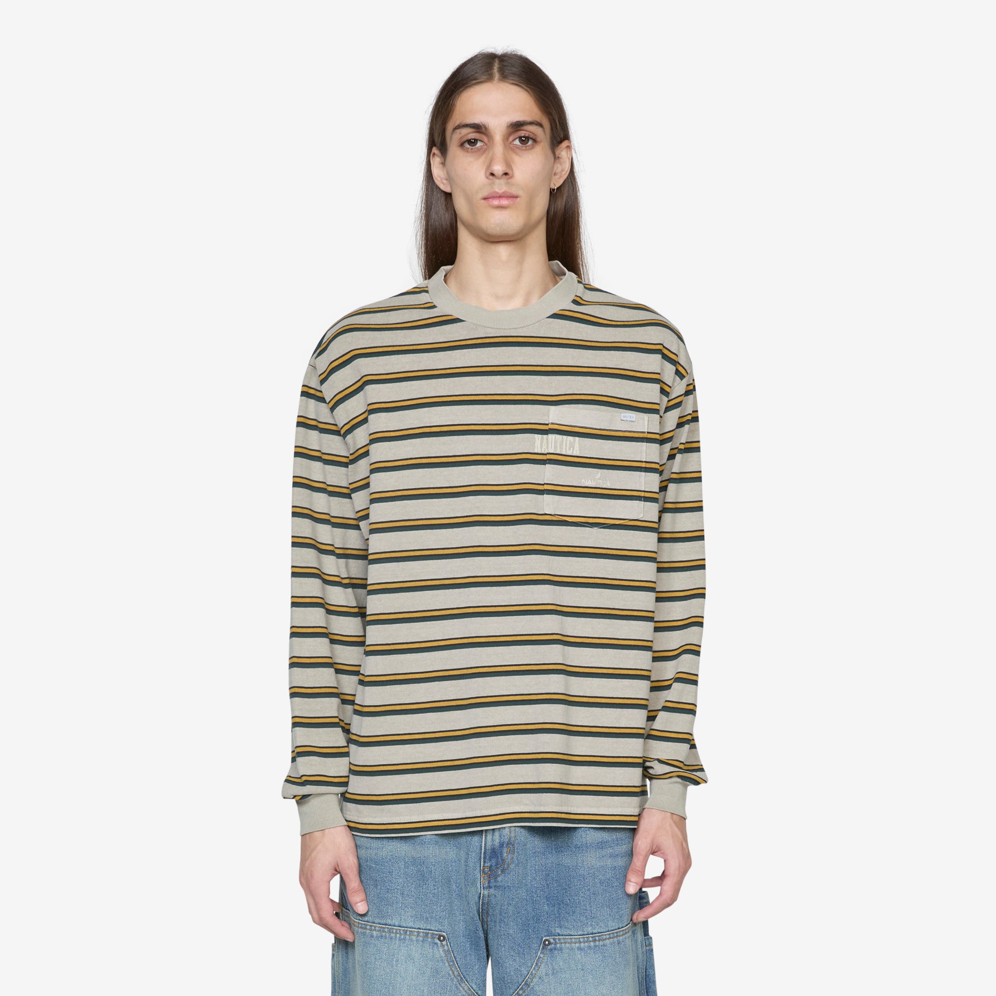 Organic Pigment Dyed Long Sleeve T-Shirt with Contrast Border - Beige | Soft Vintage Style Cotton Tee for Men & Women | Perfect for Casual Wear, Layering & Outdoor Activities