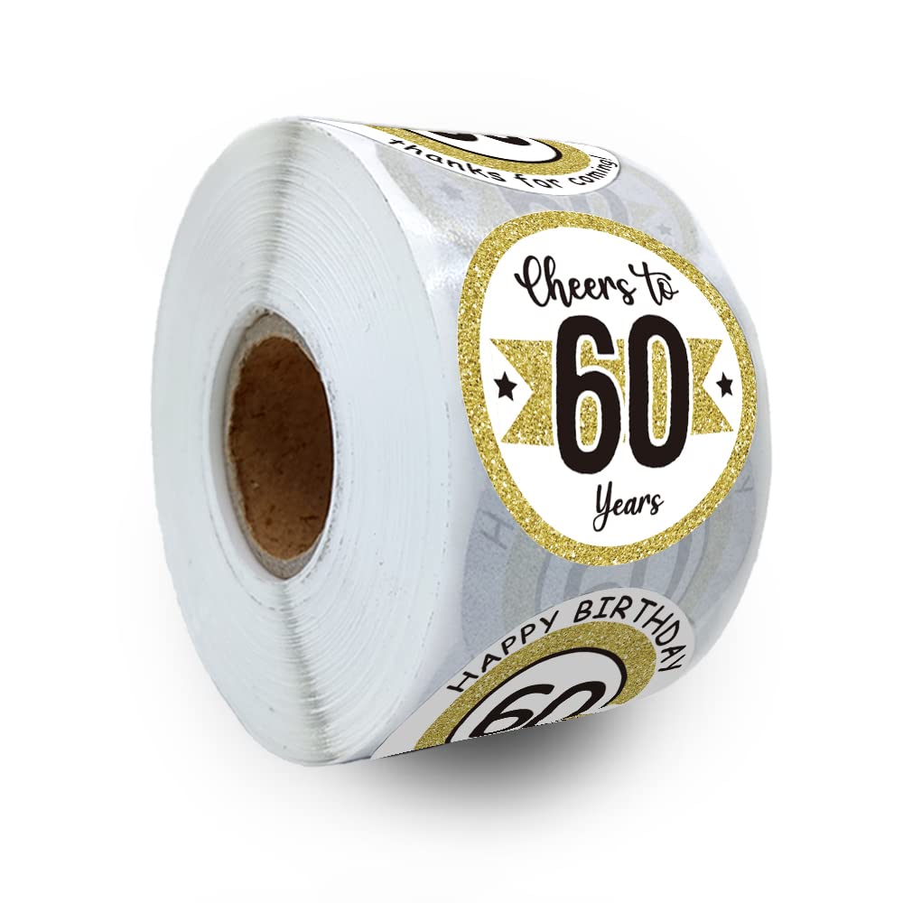 REWIDPARTY White Gold 60th Birthday Stickers - 500 Cheers to 60 Years Adhesive Party Stickers Roll for Birthday & Anniversary Decorations | Perfect for Cake Toppers, Gift Wrapping, Scrapbooking & Party Favors