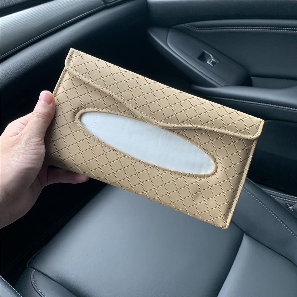 Premium PU Leather Car Visor Tissue Holder - Sun Visor Napkin Dispenser for Car & Truck (Beige) | Convenient Backseat Tissue Storage for Road Trips & Family Travel