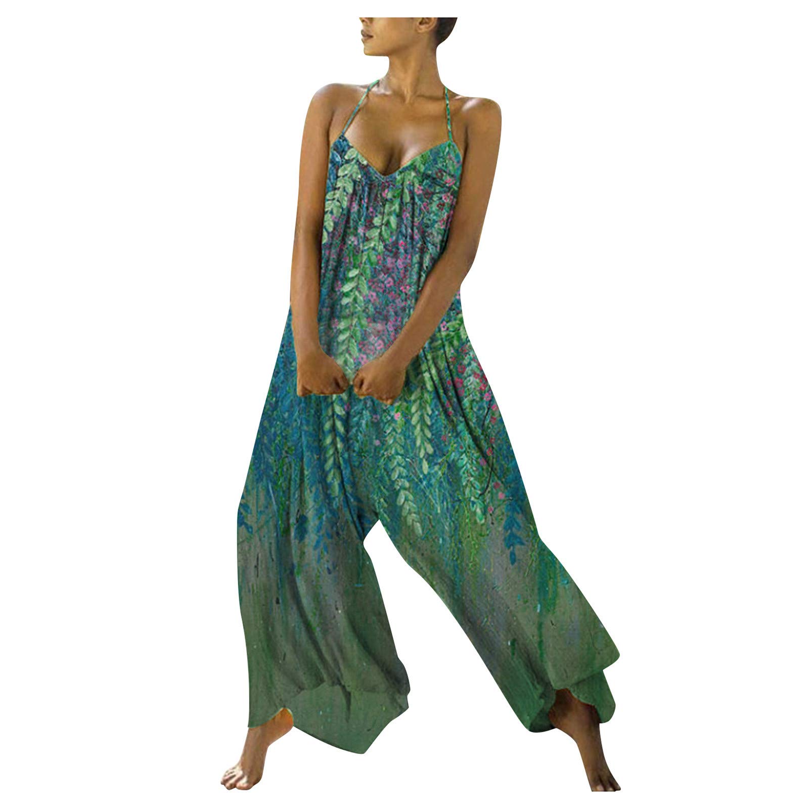 Boho Floral Print Wide Neck Backless Halter Jumpsuit for Women - Sleeveless Casual Romper with V-Neck Design | Perfect for Beach Vacations, Summer Outings & Boho Fashion Styles