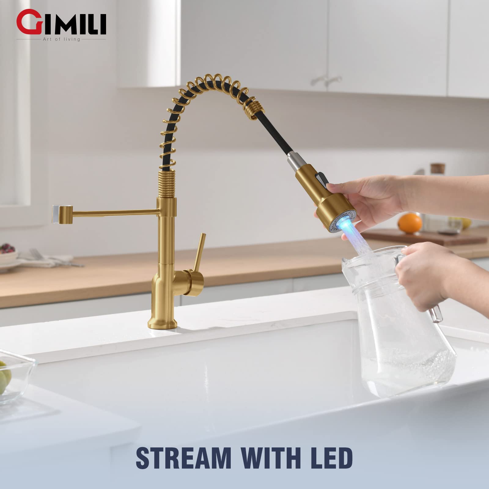 GIMILI Brushed Gold Kitchen Faucet with Pull Down Sprayer - Single Handle LED Kitchen Sink Faucet for Modern Home, Restaurant & Commercial Use
