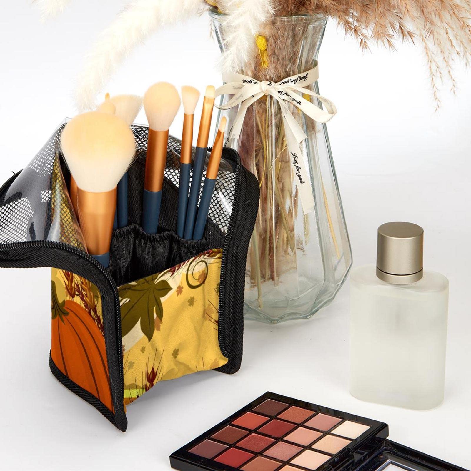 12-Piece Makeup Brush Organizer Bag with Cute Pumpkin Design - Portable Travel Cosmetic Brush Holder Case for Makeup Artists & Beauty Enthusiasts - Perfect for Thanksgiving, Home Vanity & On-the-Go Touchups