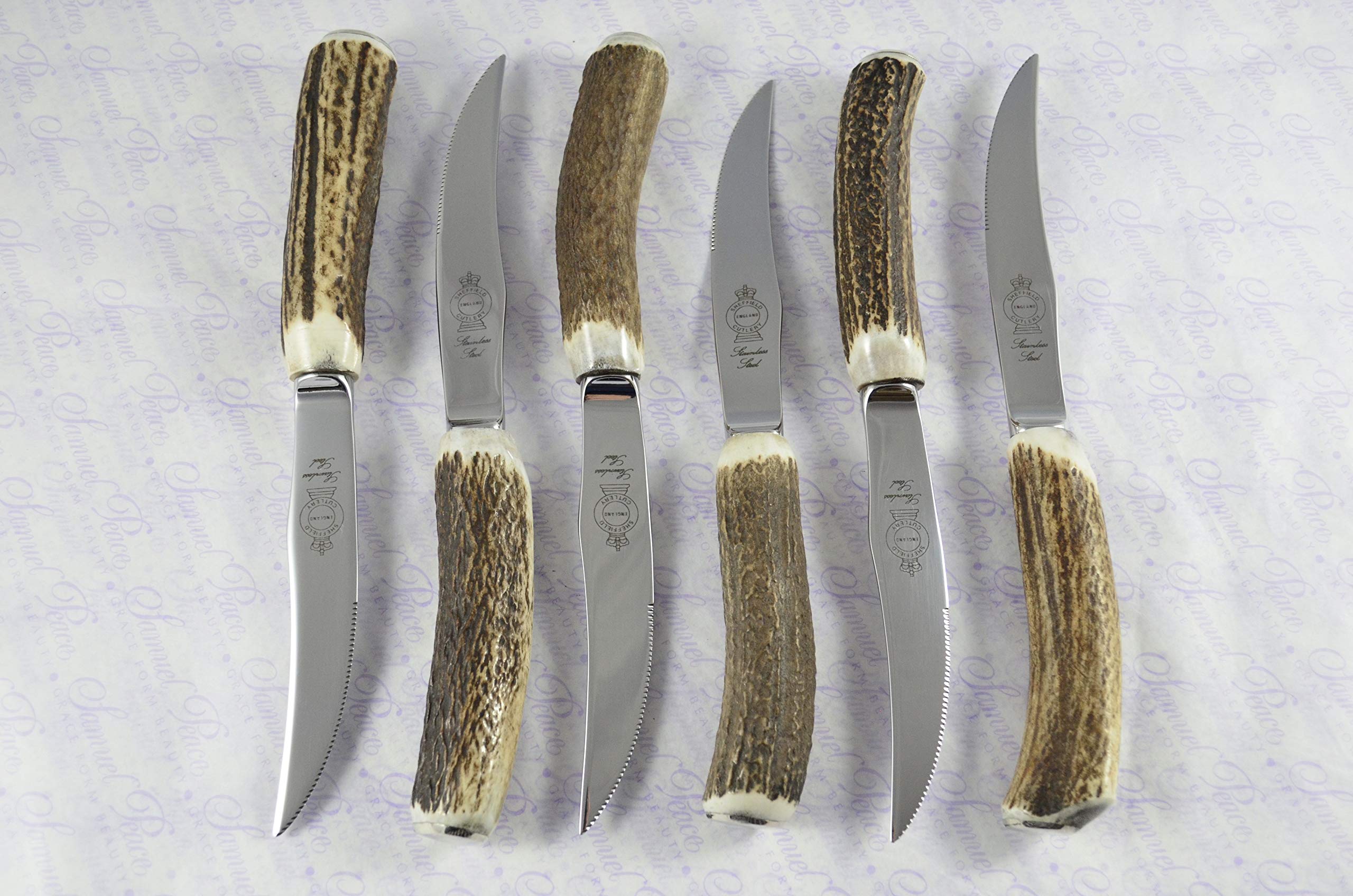 Authentic Stag Horn Handle Steak Knife Set - 6-Piece Sheffield England Made Cutlery for Fine Dining & BBQ Gifts