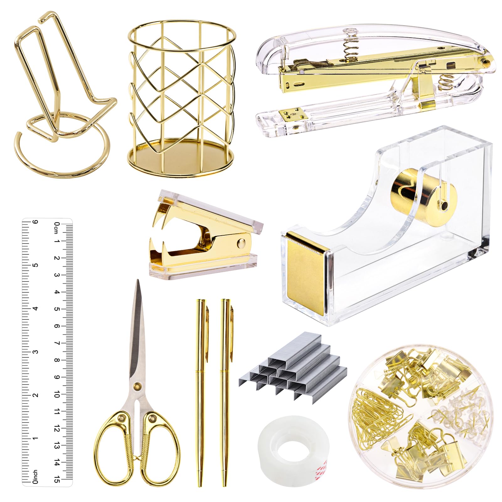Premium Gold Office Supplies Set - Acrylic Stapler, Staple Remover, Phone Stand, Tape Dispenser, Pen Holder with 2 Ballpoint Pens, Scissors, Binder Clips, Ruler & Glue - Elegant Desk Organizer for Home Office, Workstation or Gift
