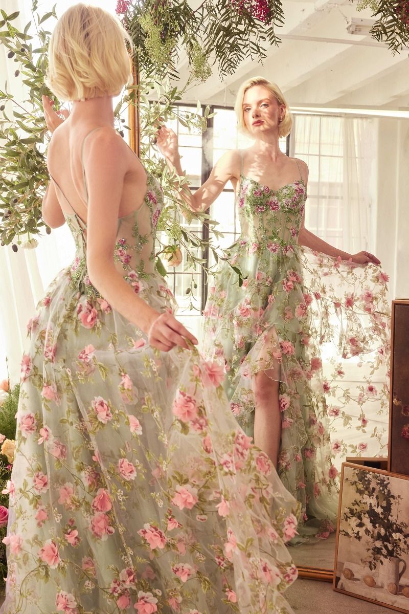 Andrea & Leo Women's A1420 Sage Floral Print Layered A-Line Dress - Elegant Casual Wear for Spring & Summer Outings, Parties, and Office