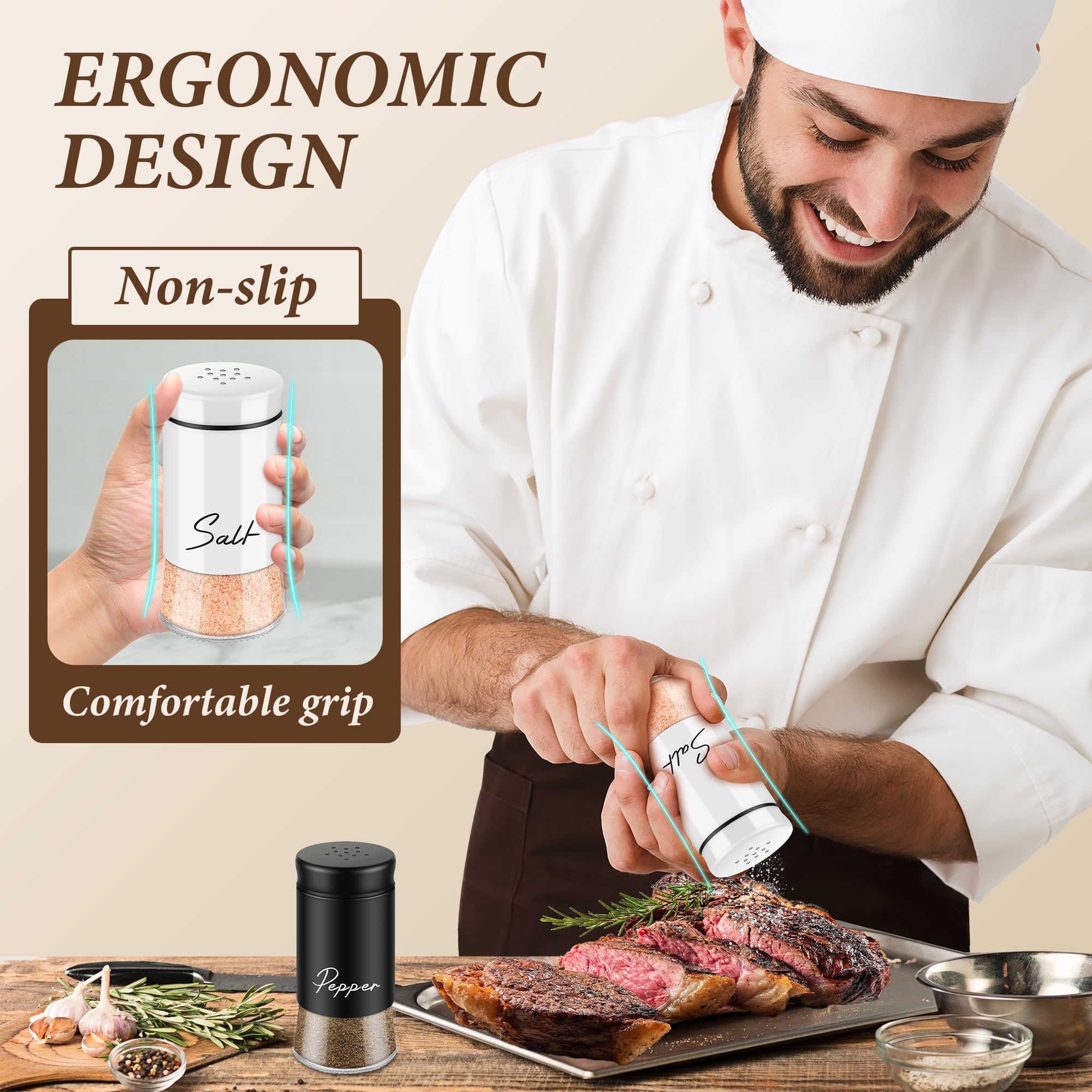 Premium Salt and Pepper Shakers Set - Refillable Stainless Steel Kitchen Accessories for Cooking & Dining | Elegant Black & White Design | Perfect Housewarming Gift, Christmas Present & Countertop Decor