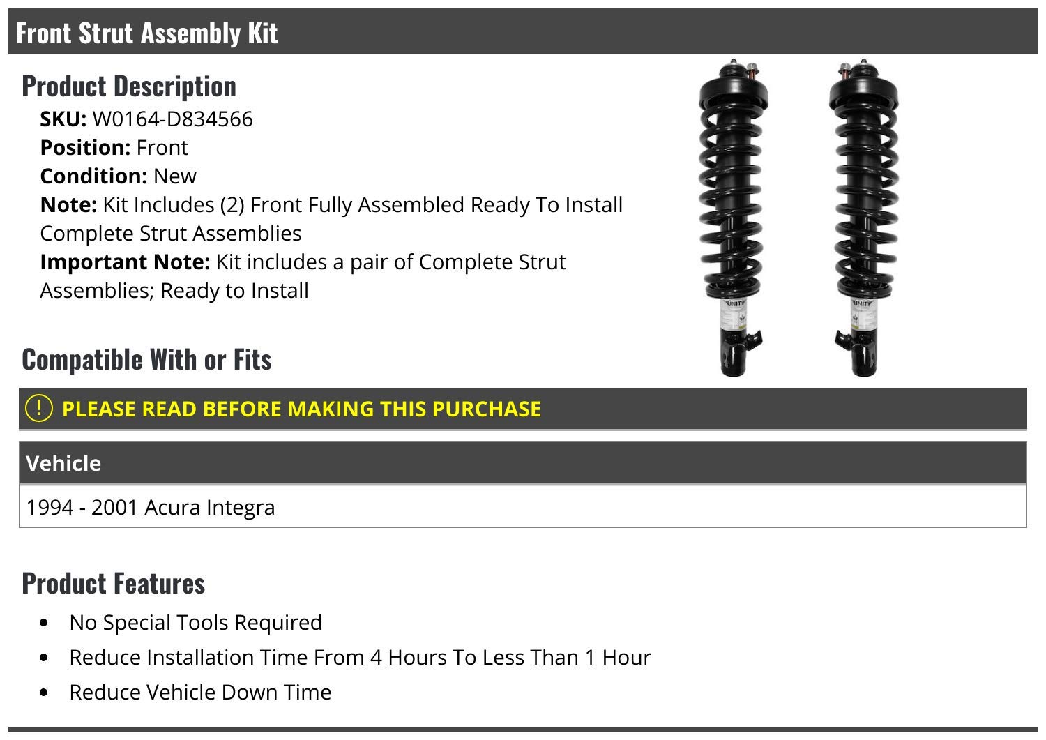 Front Strut and Coil Spring Assembly - Set of 2 - Compatible with 1994-2001 Acura Integra - Perfect for Smooth Ride & Suspension Upgrade - Ideal for Daily Commute & Performance Driving