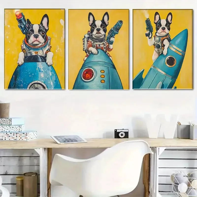 3-Piece Adorable Space Themed Bulldog Wall Art Set - Framed Canvas 40x60cm (16x24in) - High Quality Print, 100% Australian Made, Ready to Hang - Perfect for Living Room, Bedroom, or Office Decor