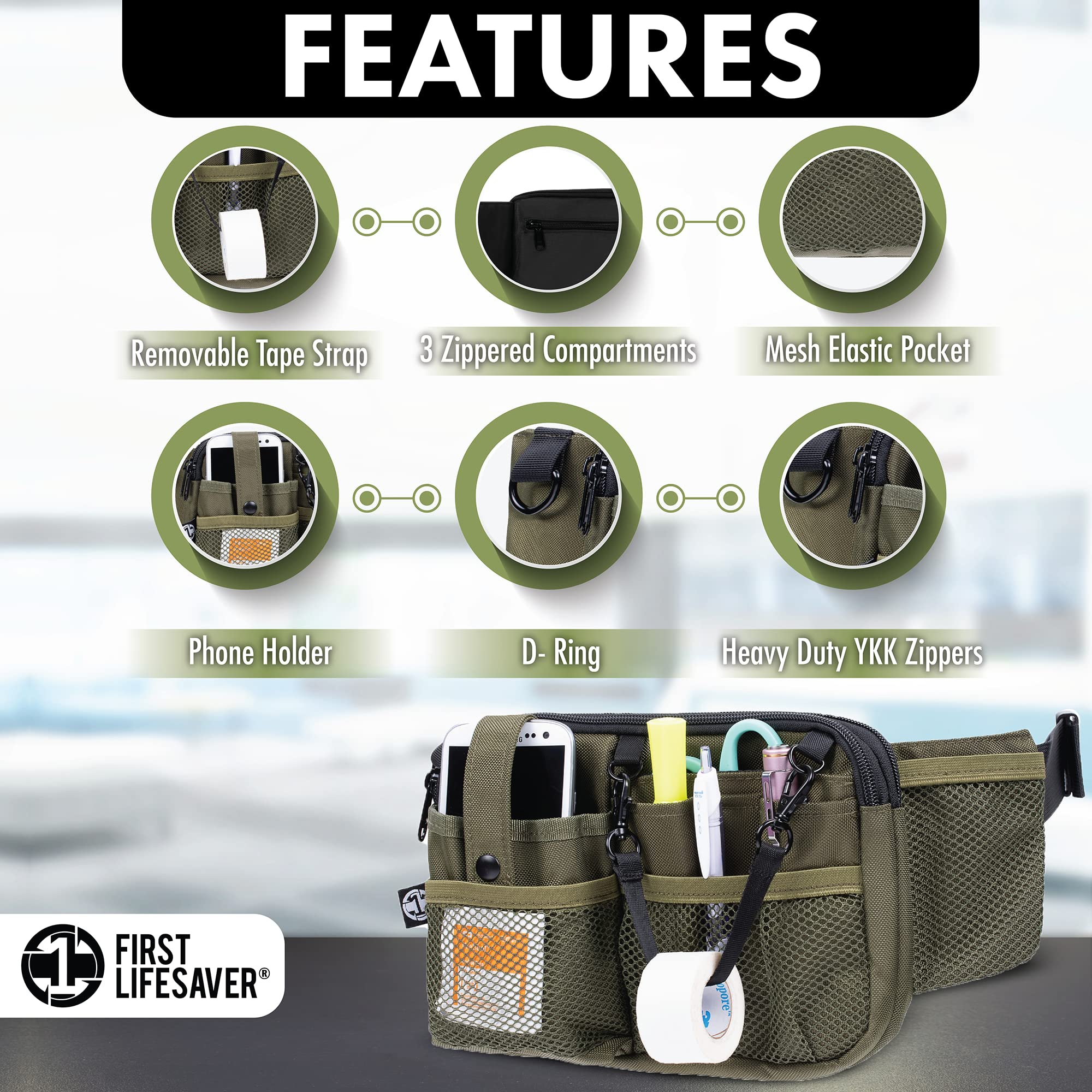 Nurse Fanny Pack with Multi-Compartment & Tape Holder - Essential Medical Organizer for Nurses, Nursing Students & Healthcare Professionals (Moss Green) - Perfect for Clinical Shifts, Emergency Response & Daily Hospital Use