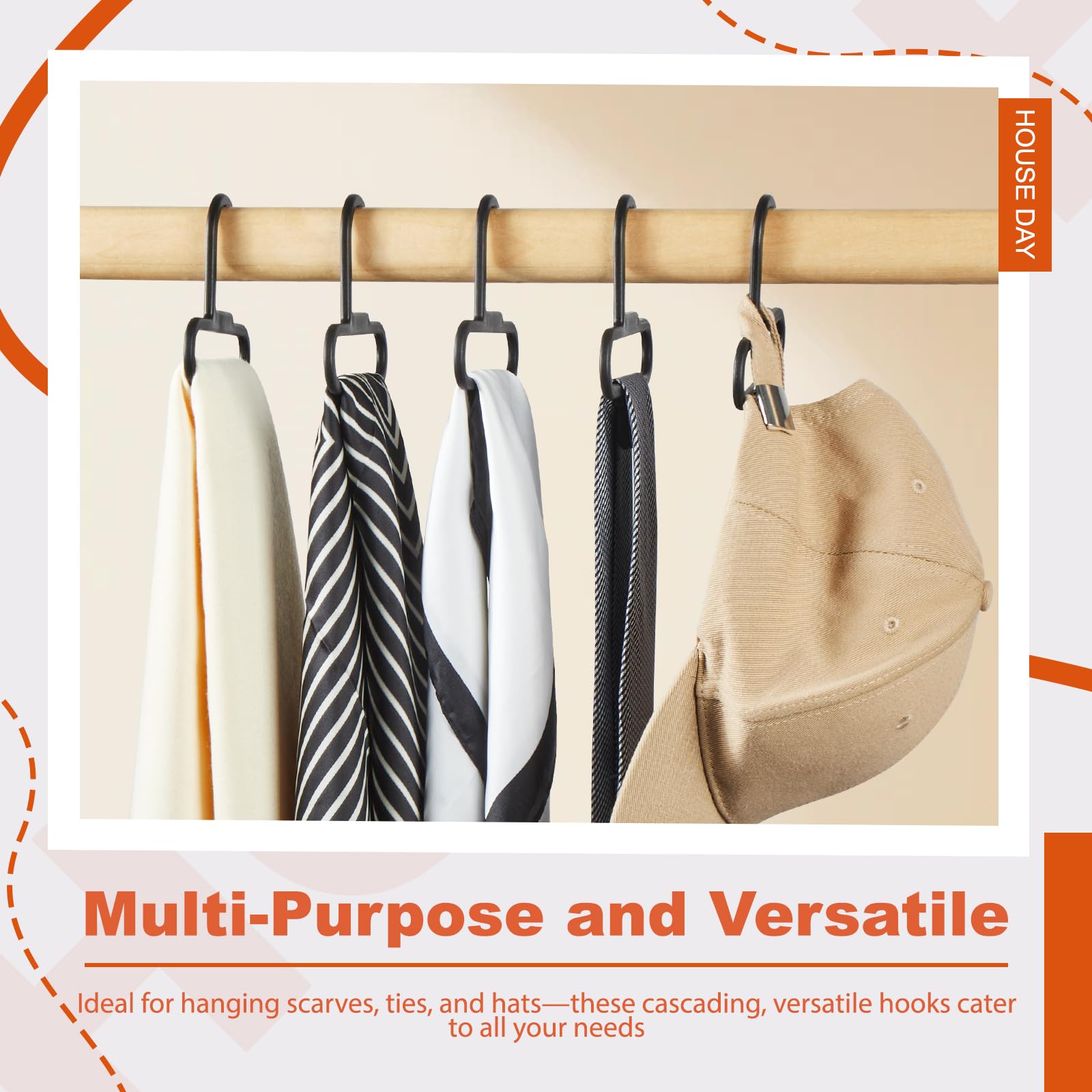 HOUSE DAY 12-Pack Tie and Scarf Hangers - Durable Plastic Closet Organizer for Neckties, Scarves & Accessories - Space-Saving Storage Hooks for Wardrobe, Closet & Office Organization (Black)