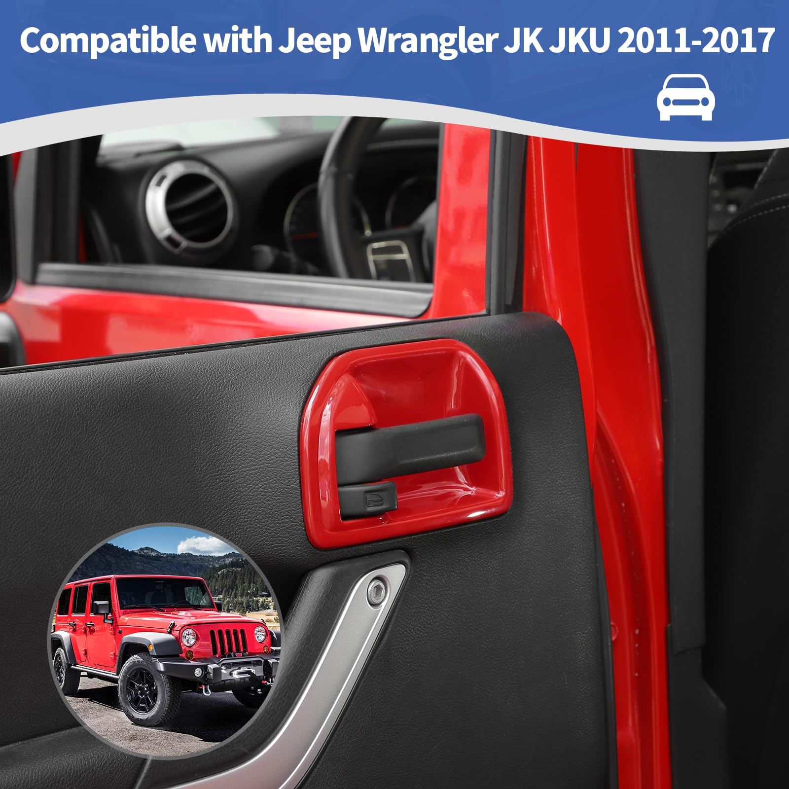 Jeep Wrangler JK JKU 2011-2017 Inner Door Handle Cover Bowl Trim - RT-TCZ Red Interior Accessories (4pcs) - Perfect for Off-Roading & Interior Customization