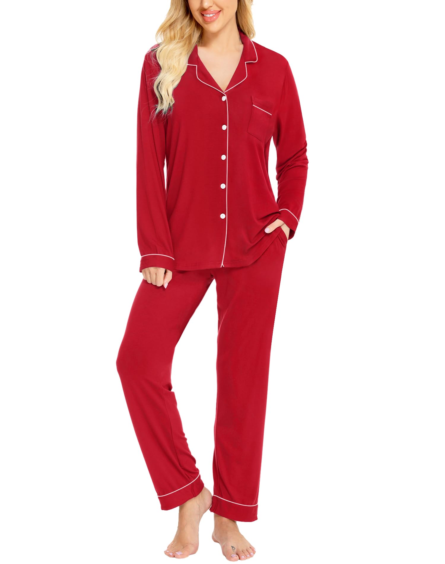 SWOMOG Women's Long Sleeve Pajama Set - Soft Button Down Sleepwear & Lounge Pjs for Cozy Nights at Home or Sleepovers