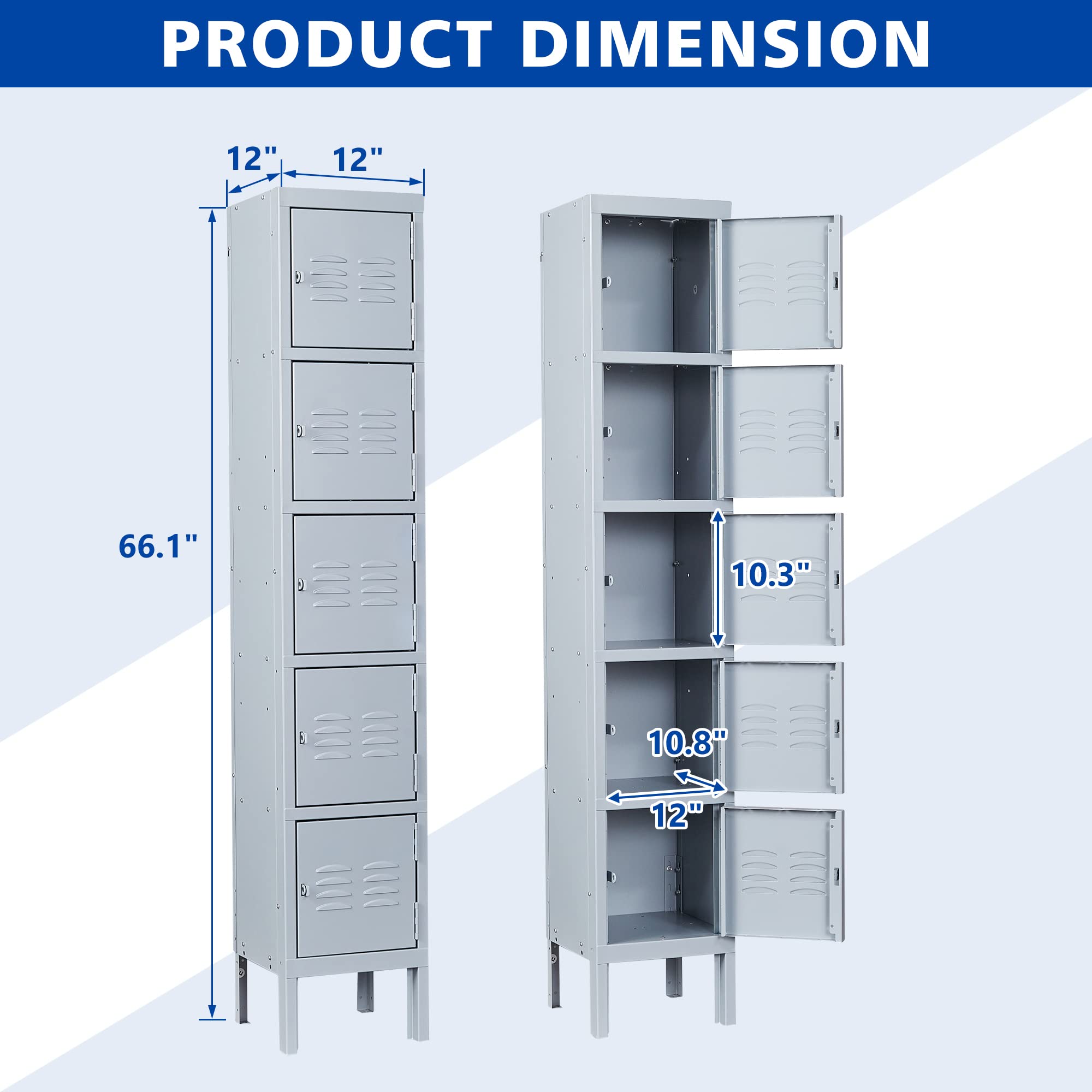 5-Tier Metal Locker with 5 Doors - Heavy Duty Storage Cabinet for School, Gym, Office & Hospital - Space Saving Organization Solution (Gray) - Perfect for Locker Rooms, Workplaces & Storage Areas
