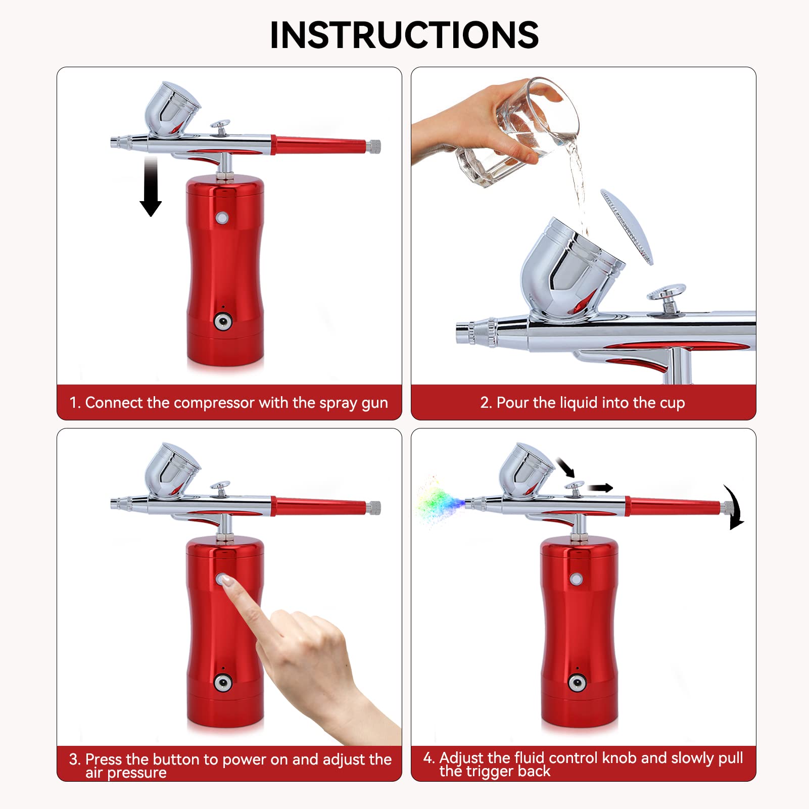 Portable Cordless Airbrush Kit - G12 Mini Airbrush Gun Set with 0.3mm Nozzle, 7CC Tank & Cleaning Tools | Perfect for Cake Decorating, Nail Art, Tattoo Practice & Model Painting (Red) | DIY Makeup, Craft & Hobby Projects