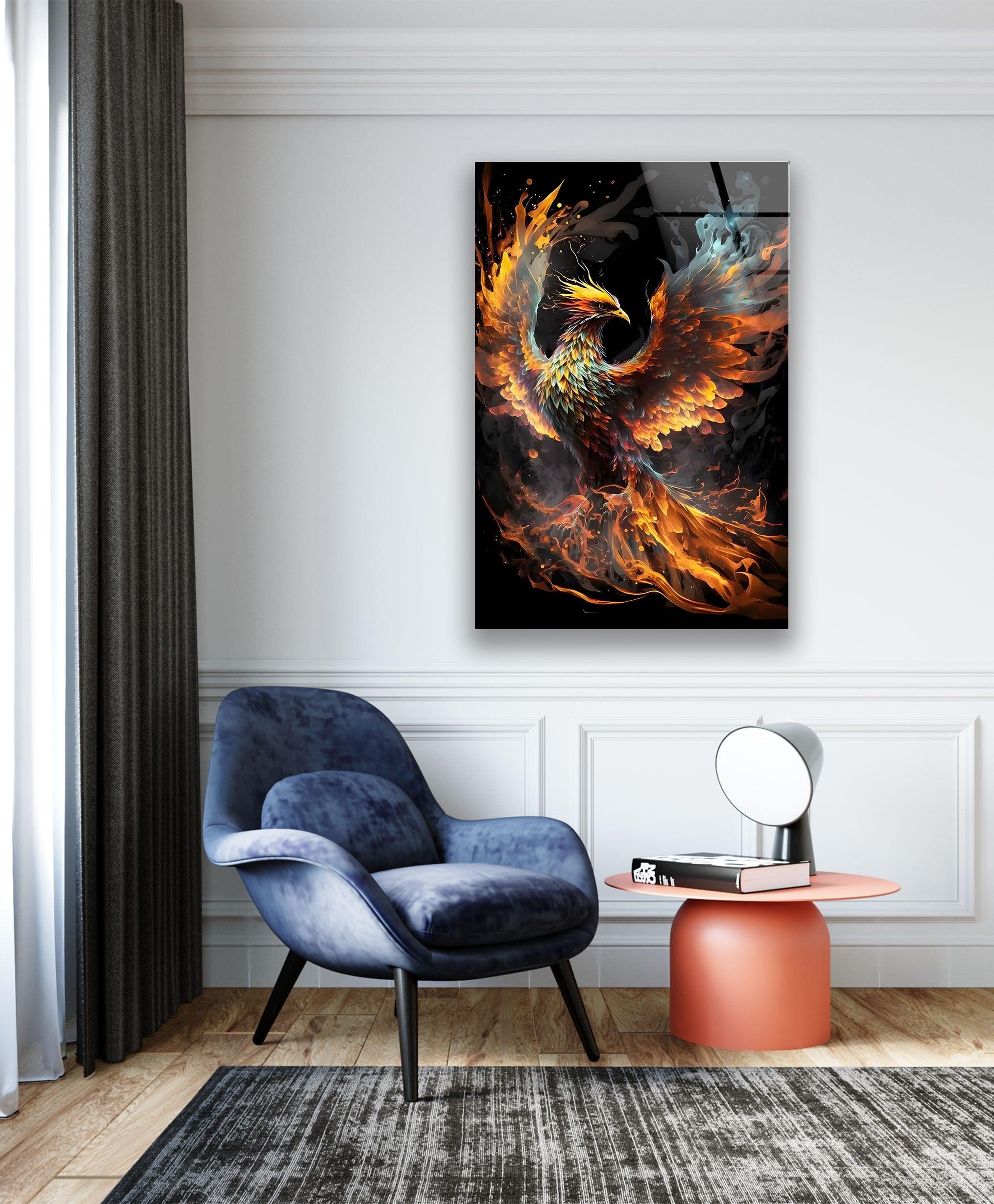 Vibrant Fire Phoenix Glass Wall Art - Handmade Stained Glass Decor for Living Room, Bedroom, or Office - Unique Home & Gift Idea