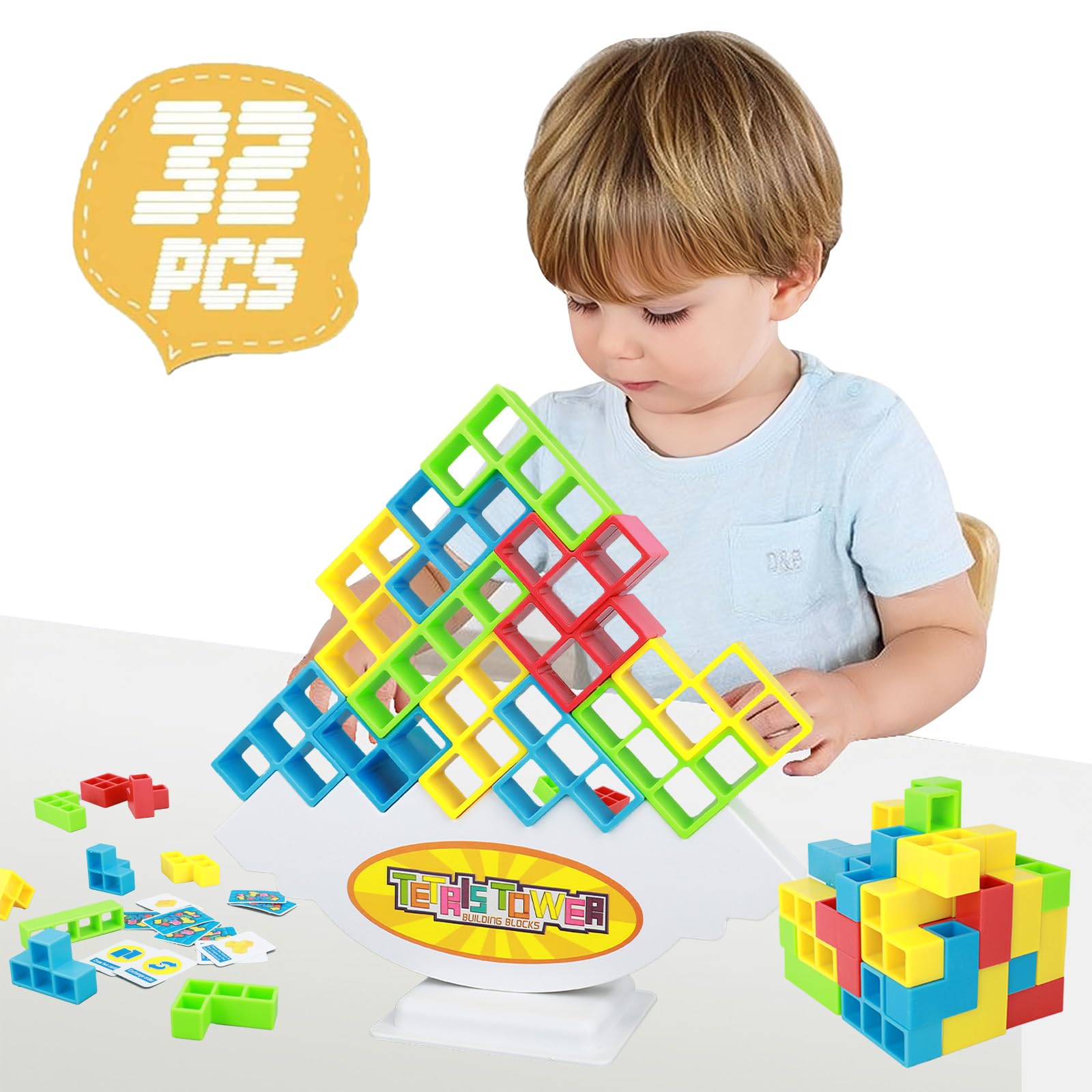 LLESSOO Tetra Tower Game - 32 PCS Stacking Building Blocks for Kids & Adults, Family Board Game with Tetris Style, Perfect for Family Game Nights, Birthday Parties & Team Building Activities