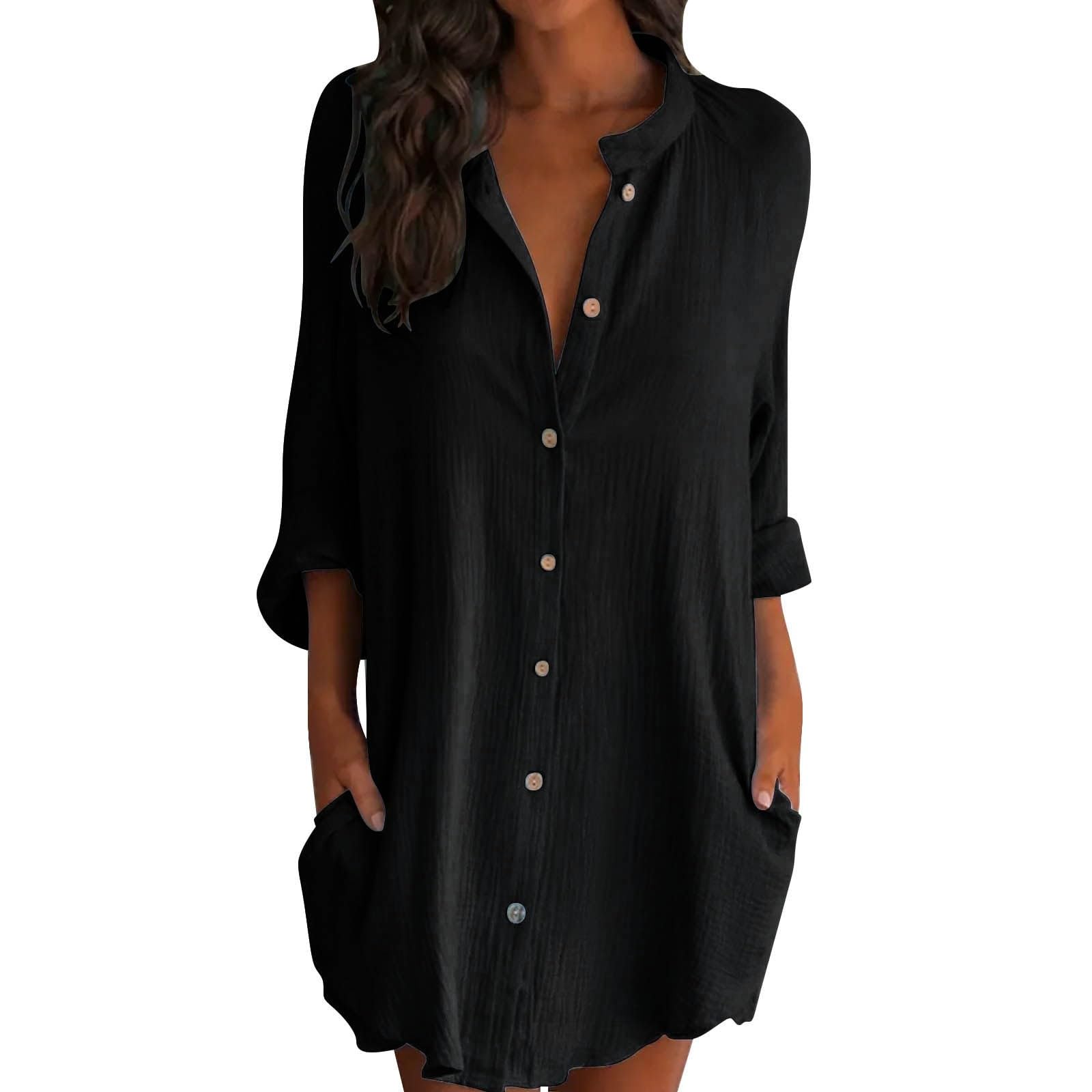 Women's Cotton Linen Button-Up Shirt Collar Mini Dress - Solid Color Short Sleeve Summer Casual Dress for Work, Date & Vacation