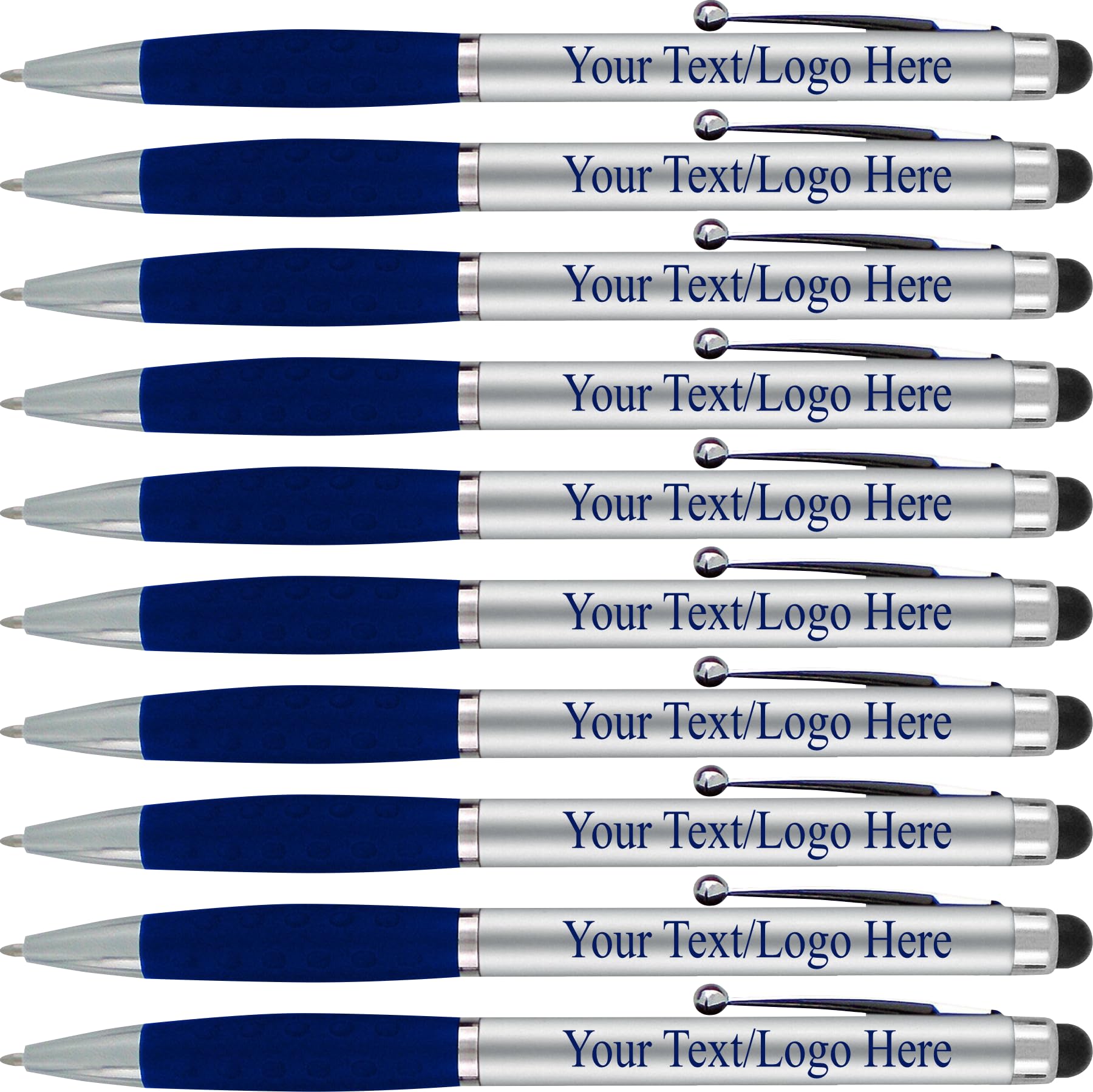 Custom Logo Pens Bulk 300 Pack - Personalized Ballpoint Pen & Stylus for Business, Events, Parties - Touchscreen Compatible (Silver/Blue, Black Ink) - Perfect for Corporate Gifts, Promotions & Giveaways