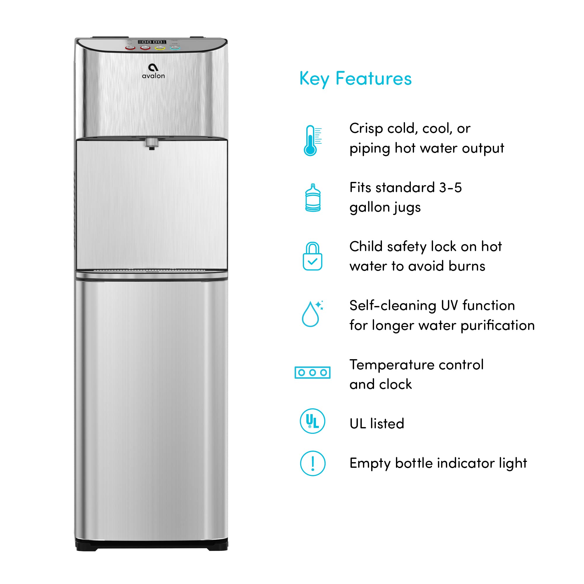 Avalon Electronic Bottom Loading Water Cooler Dispenser - 3 Temperature Settings (Hot, Cold & Room Temp), Stainless Steel Cabinet, Self-Cleaning | Perfect for Office, Home & Commercial Use