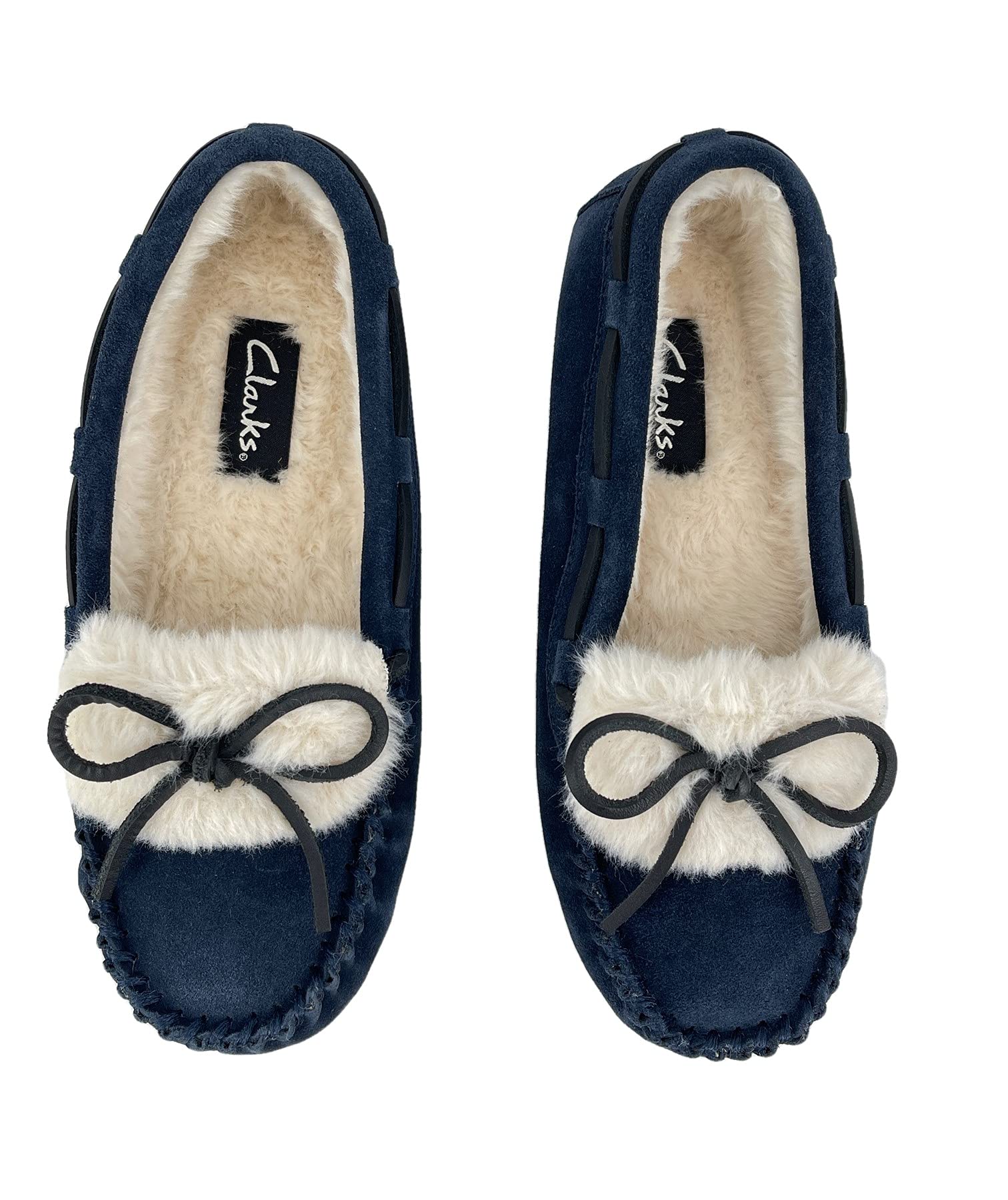 Clarks Women's Folded Tongue Suede Leather Moccasin Slippers with Plush Faux Fur Lining - Comfortable Indoor/Outdoor House Shoes for Women - Perfect for Lounging, Running Errands and Casual Wear