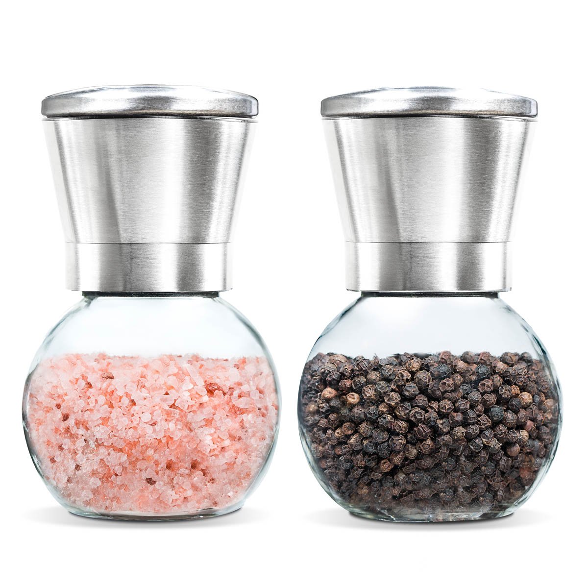 Premium Stainless Steel Salt and Pepper Grinder Set of 2 - Adjustable Ceramic Rotor, Glass Body, Brushed Finish for Kitchen & Dining | Perfect for Home Cooking, Restaurants, and Gift Giving