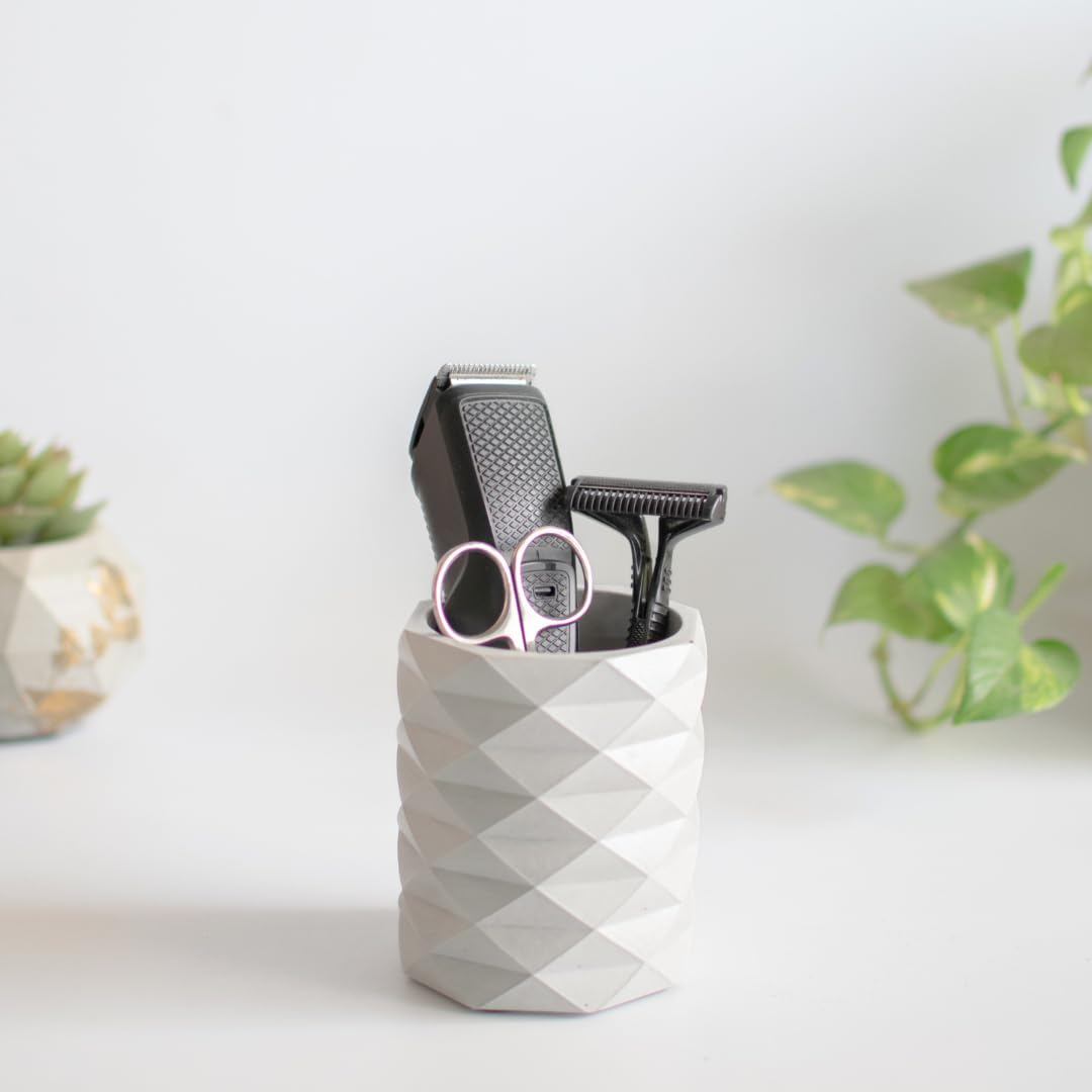 Dwell Dapper Geometric Concrete Toothbrush Holder - Handcrafted Multi-Purpose Organizer for Bathroom & Office (Pen Holder, Remote Control Stand) - Modern Grey Home Decor for Countertop & Desk Organization