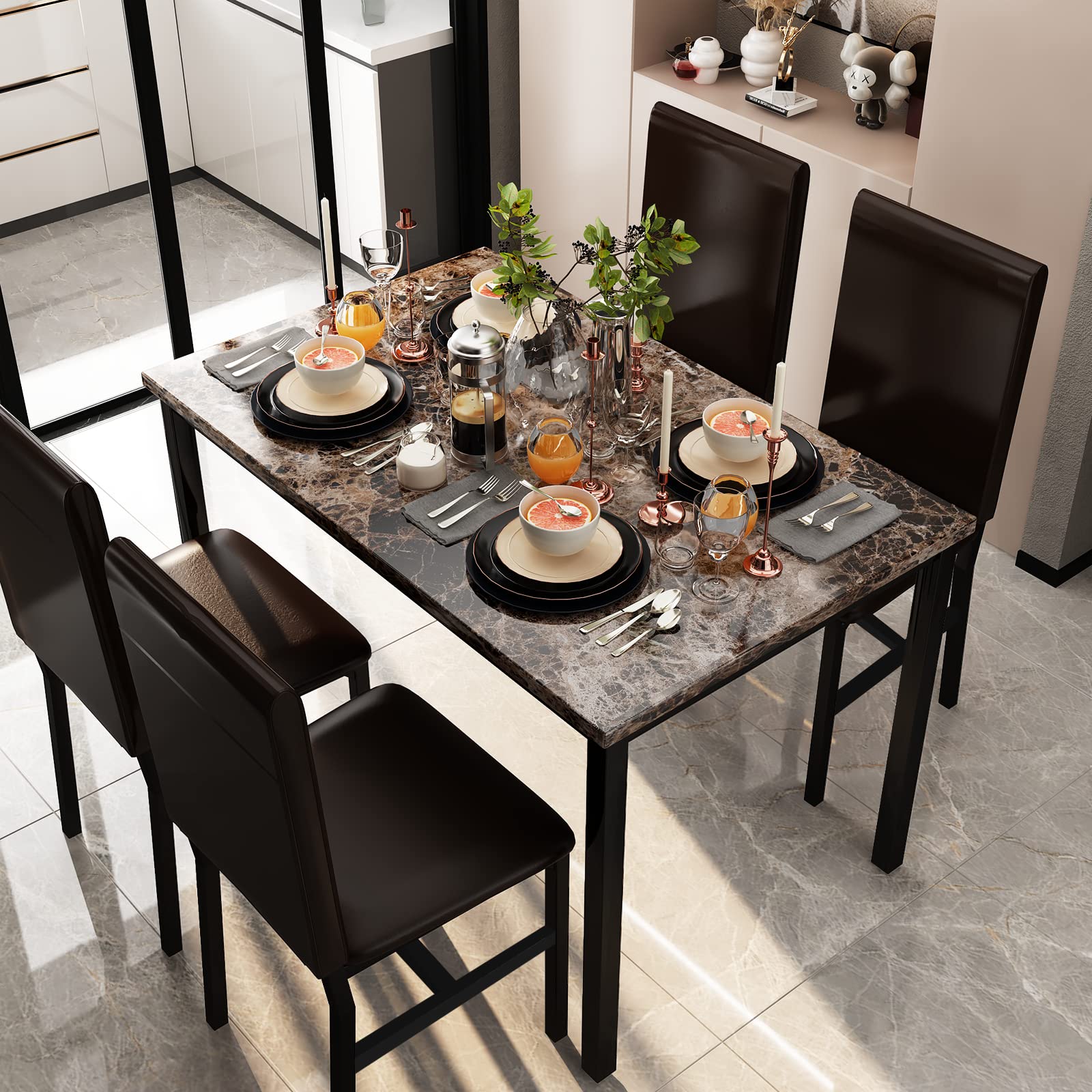 Modern 5-Piece Dining Table Set for 4 - Faux Marble Kitchen Table & 4 Chairs, Compact Brown Dinner Table Set for Small Spaces | Perfect for Apartments, Breakfast Nooks & Cozy Dining Areas