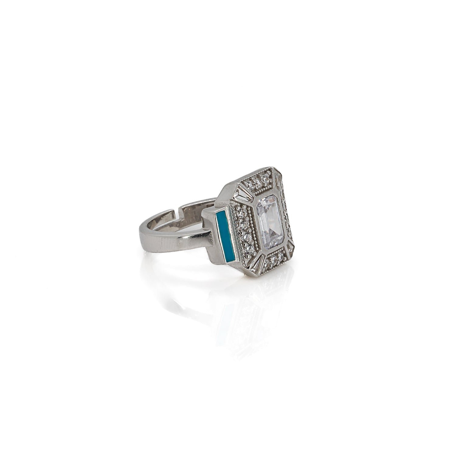 Sterling Silver Pave Diamond & Turquoise Enamel Ring for Women - Elegant Handmade Jewelry Gift for Birthday, Anniversary & Special Occasions