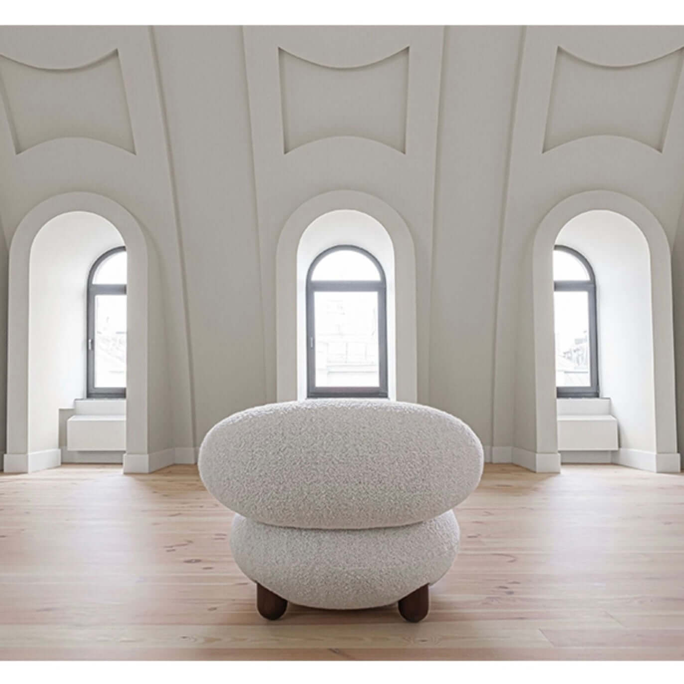 Japandi Style White Boucle Sherpa Round Accent Chair with Wooden Legs & Ottoman - Modern Scandinavian Minimalist Lounge Chair for Living Room, Bedroom or Office