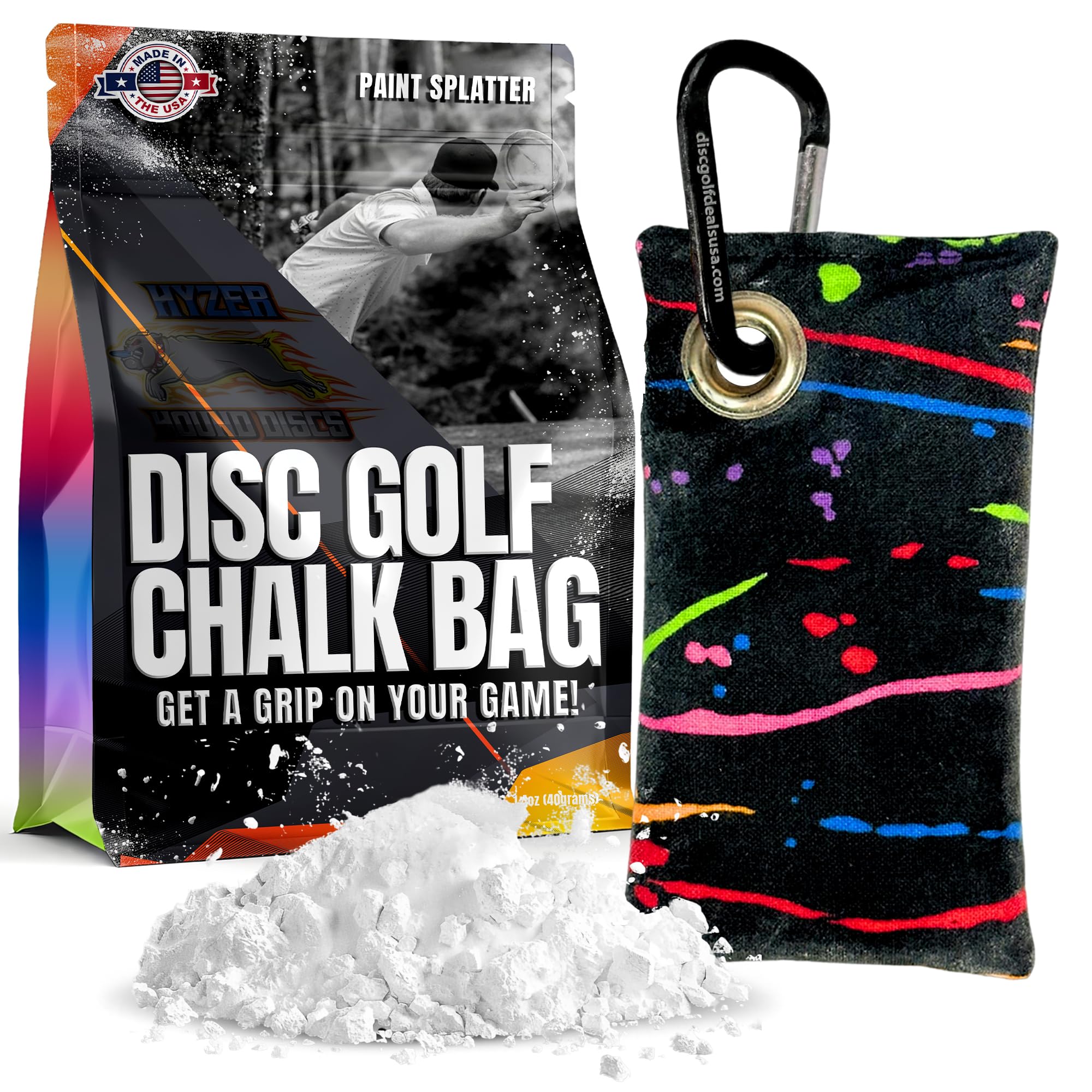 HYZER HOUND DISCS Disc Golf Chalk Bag - Moisture Absorbing Hand Grip Enhancer for Summer Play | Secure Carabiner Attachment | Essential Disc Golf Accessories for Improved Performance | Perfect for Hot Weather & Competitive Tournaments