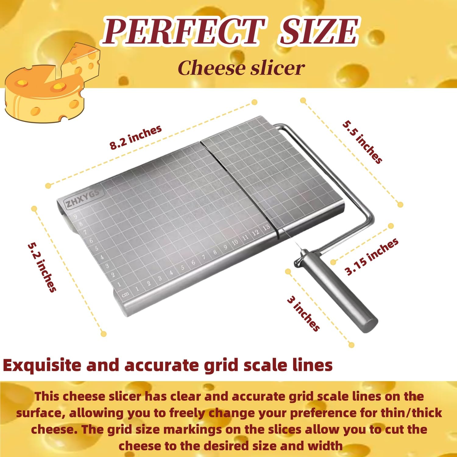 Premium Stainless Steel Cheese Slicer with 5 Wires - Heavy Duty Cheese Cutter Set Includes Metal Slicer & Cutting Board - Perfect for Hard Cheeses Like Cheddar, Gouda - Ideal for Home Kitchens, Restaurants, and Cheese Platter Preparation