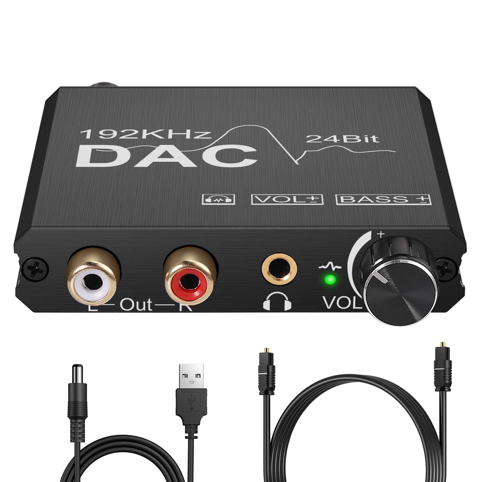 CAMWAY 192kHz Digital to Analog Audio Converter with Bass Adjustment - DAC Converter with Volume Control, Toslink/Coaxial/Optical to RCA & 3.5mm Headphone Jack - Anti-Interference Audio Adapter for Home Theater, Gaming, Hi-Fi Systems & Studio Monitors