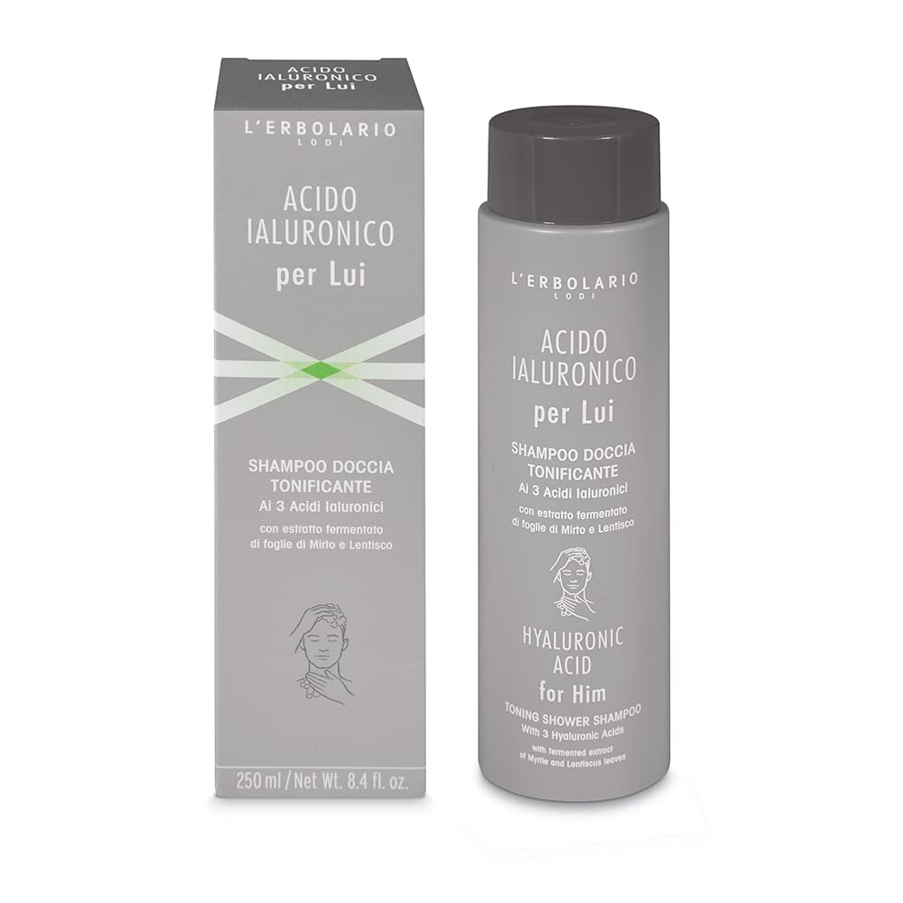 LErbolario Hyaluronic Acid Men's Toning Shampoo & Body Wash - 8.4 oz Hydrating Shower Gel for Men - Refreshing Daily Hair & Skin Care with Hyaluron - Perfect for Gym, Travel & Active Lifestyle