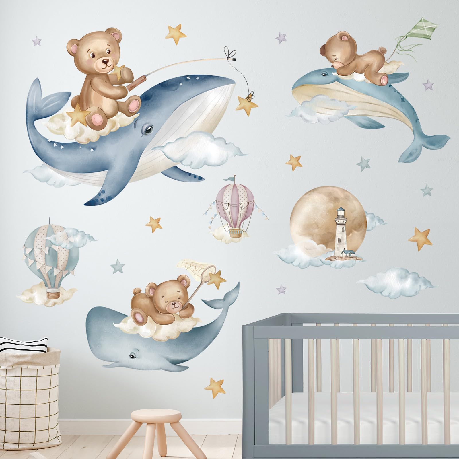 Wondever Baby Bear & Whale Ocean Animals Peel and Stick Wall Decals - Nursery Wall Art for Kids Bedroom Decor | Perfect for Baby Rooms, Playrooms & Children's Spaces
