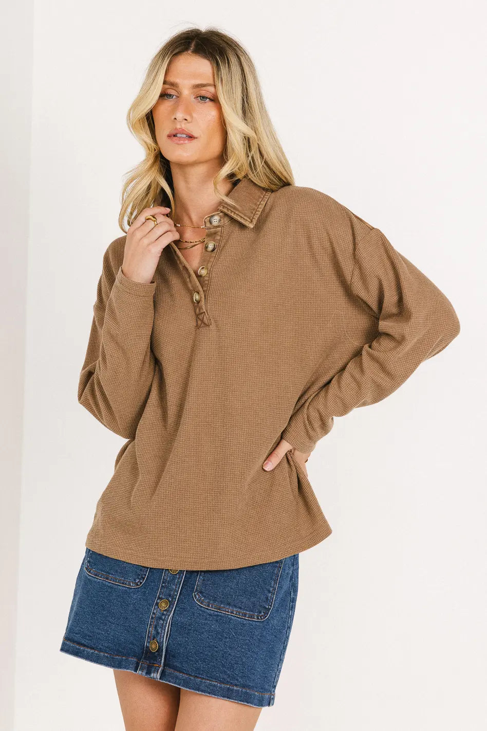 Isabelle Waffle Knit Henley Top Women's Casual Long Sleeve Shirt in Mocha Brown | Cozy Fall Winter Layering Piece for Coffee Dates & Weekend Outfits