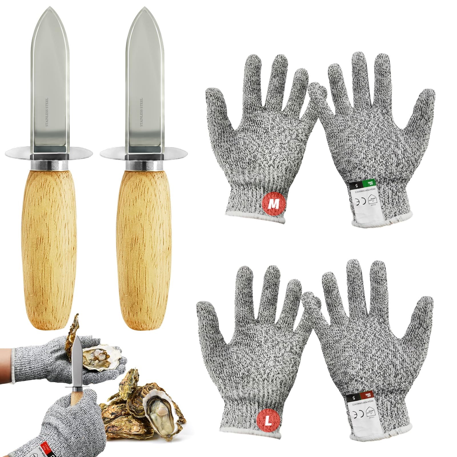 6pcs Oyster Shucking Knife & Gloves Set - 2 Stainless Steel Oyster Knives with Wooden Handle & 4 Cut Resistant Gloves (Level 5 Protection) - Professional Shellfish Shucking Tools for Oysters, Clams, Mussels - Perfect for Home Kitchens, Seafood Restaurants & Outdoor Cooking