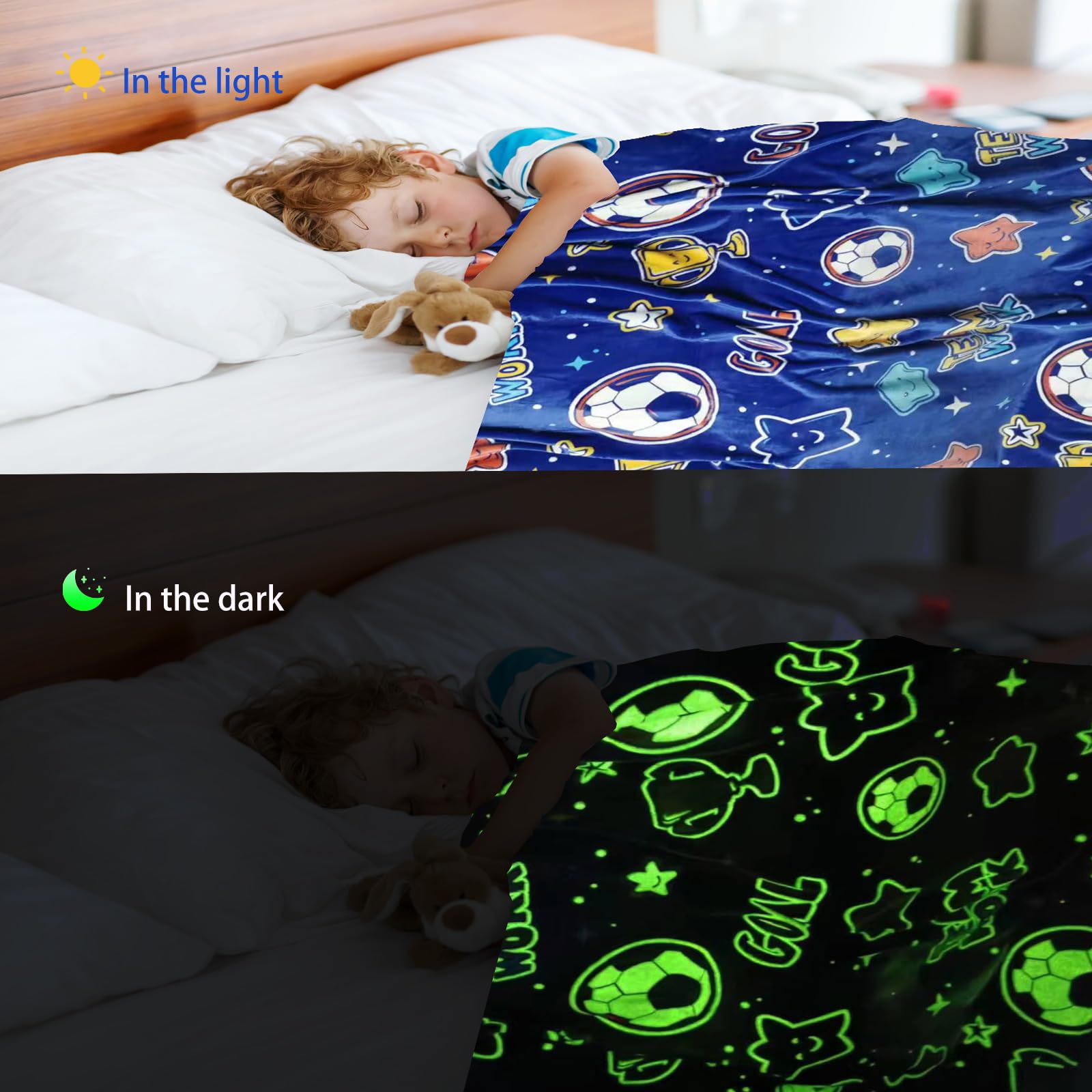 Glow in The Dark Soccer Throw Blanket - Soft Sports Themed Gift for Boys & Girls Ages 3-10 - Perfect Birthday Present, Friendship Gift & Soccer Party Decor for Kids, Teens, Men & Women - Cozy Bedroom, Game Night & Outdoor Camping Accessory