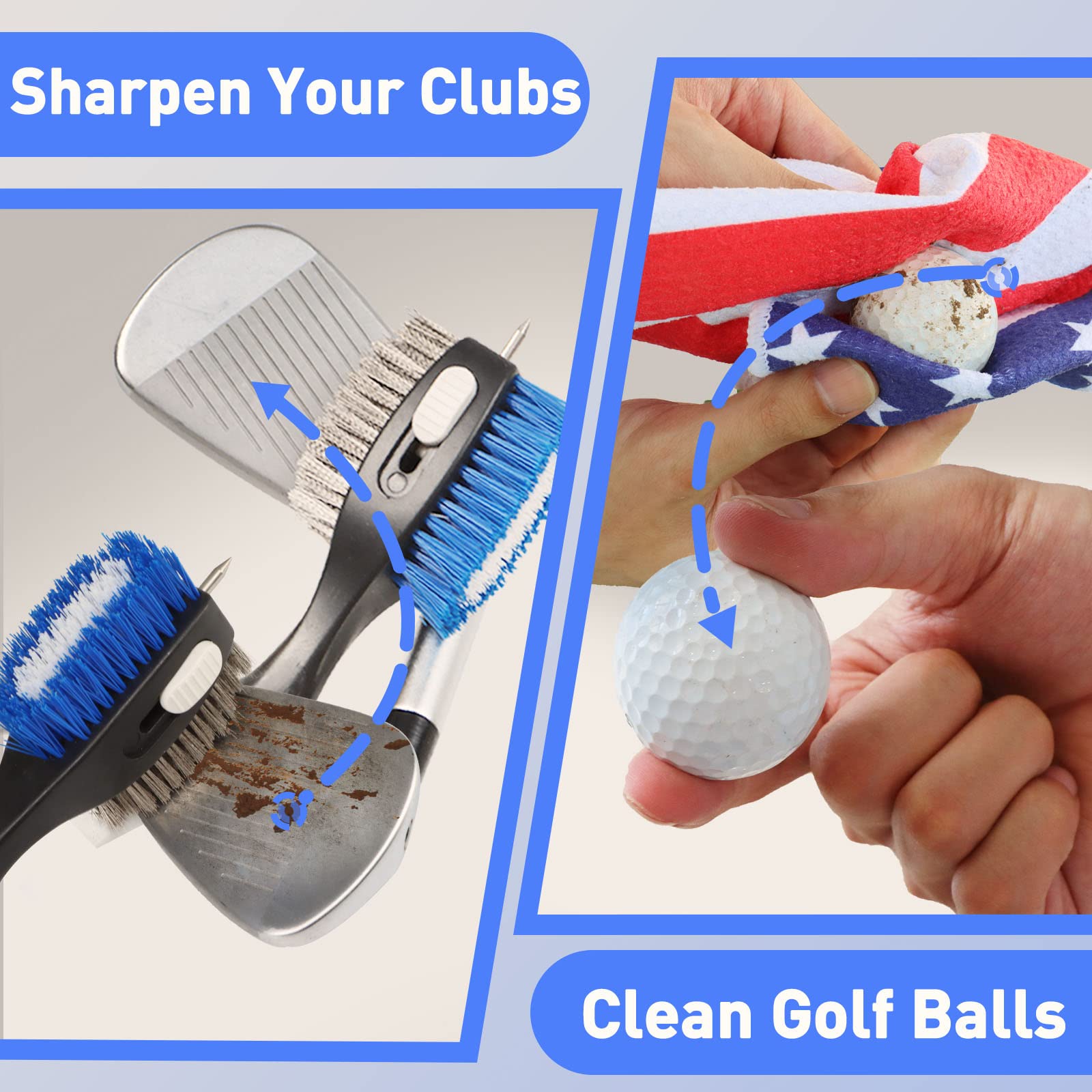 Premium Golf Club Brush & American Flag Golf Towel Set - Magnetic Golf Groove Cleaner Kit with Strong Magnet Stick for Golf Clubs & Bags | Perfect for On-Course Cleaning & Club Maintenance
