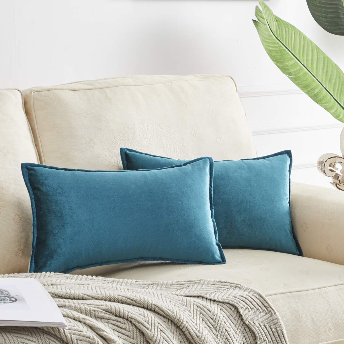 GIGIZAZA Velvet Lumbar Pillow Covers 12x20 Inches - Set of 2 Peacock Blue Decorative Throw Pillow Cases for Sofa, Couch & Bed - Perfect for Living Room, Bedroom & Home Decor
