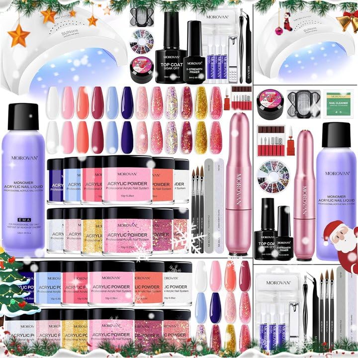 Morovan Professional Acrylic Nail Kit with UV Light - 12 Colors Acrylic Powder Set for Nail Extensions & Salon Quality Manicures | Perfect for Home Use, DIY Nail Art & Professional Nail Technicians