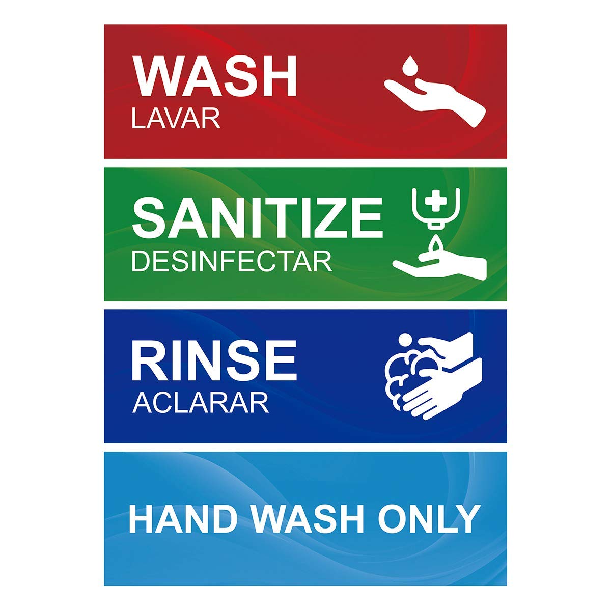 Wash Rinse Sanitize Sink Labels - 4 Pack Waterproof Sticker Signs for Commercial Kitchens, Restaurants & Food Trucks | Hand Washing Station & Dishwashing Area Organization