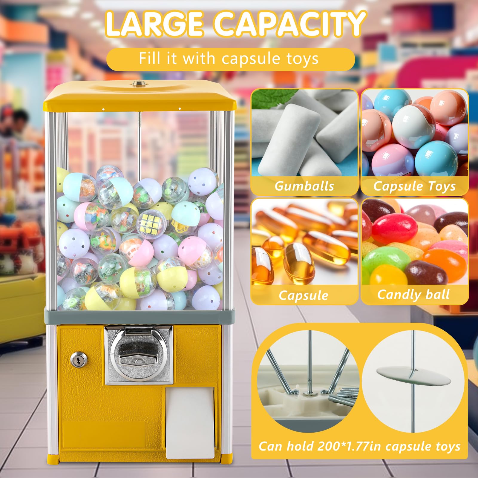 DYRABREST Commercial Toy & Candy Vending Machine - Large Capacity Gumball Bank for 1.18-2.17 Inch Toys - Perfect for Arcades, Game Stores, Retail Shops & Birthday Parties (Yellow)