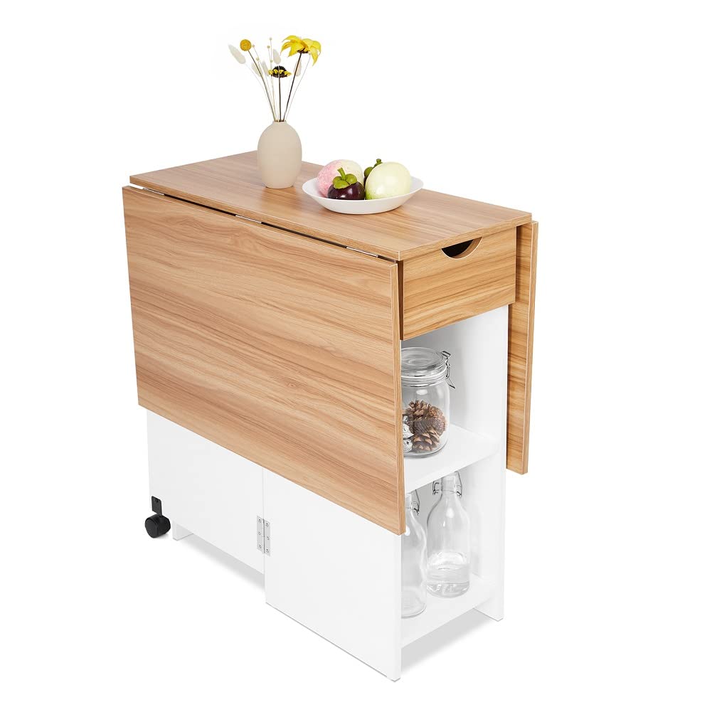 Space-Saving Drop Leaf Folding Dining Table with 1 Drawer & 2 Open Shelves - Modern Kitchen Table for Small Spaces in White & Red Oak - Perfect for Apartments, Breakfast Nooks & Compact Dining Areas