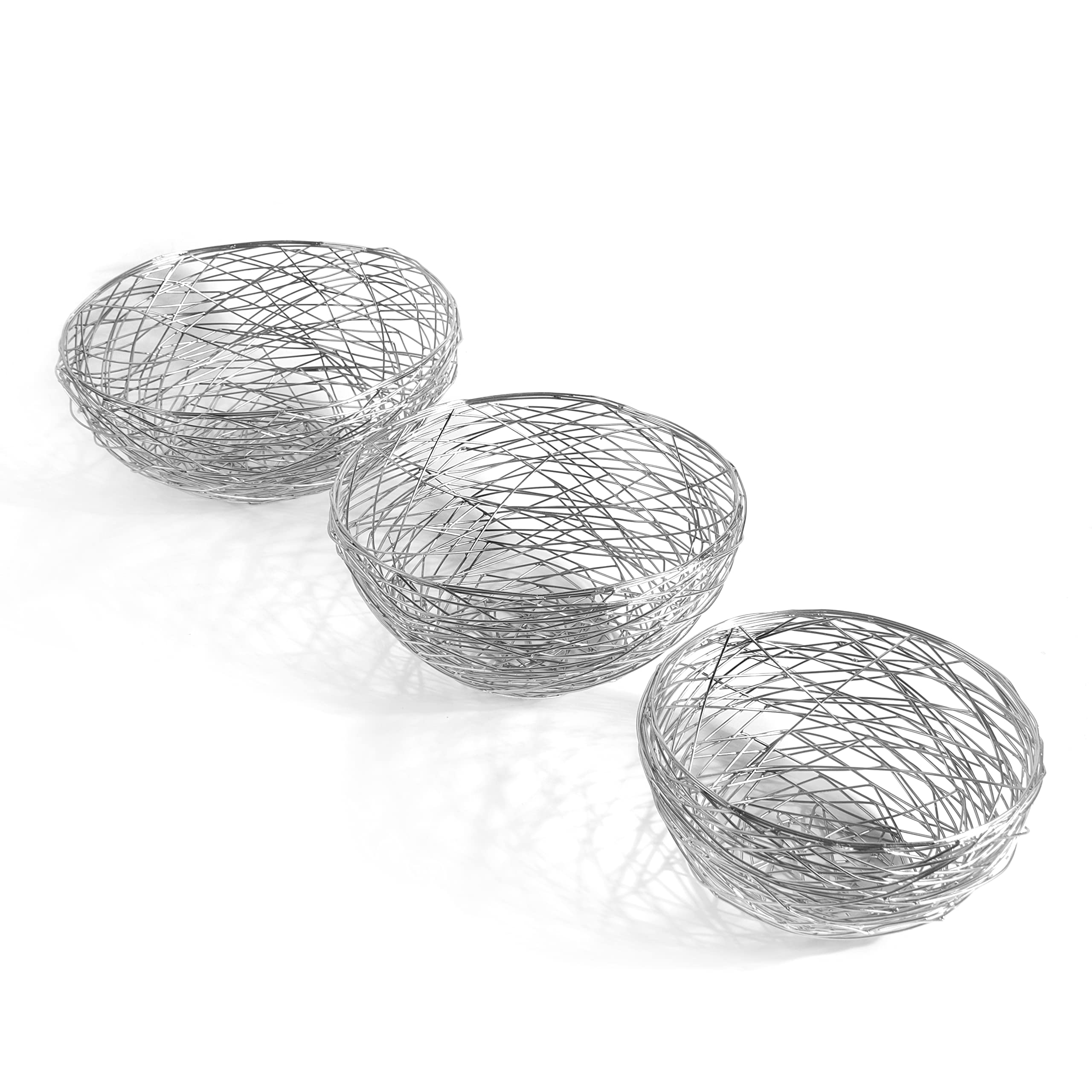 Alpha Living Home 3-Piece Shiny Silver Metal Fruit Basket Set for Kitchen Counter - Decorative Vegetable & Fruit Holder Bowl for Dining Table, Pantry, and Home Decor | Perfect for Organizing Fruits, Veggies, and Displaying as Centerpiece